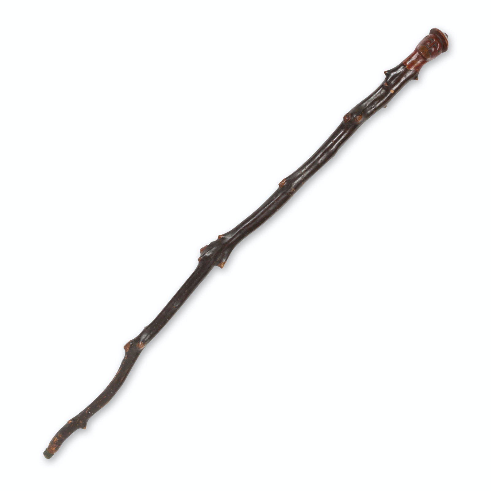 Oriental Man Folk Art Cane/Walking Stick: 4th quarter 19th C. Wood. Victorian era, handle carved in traditional dress of an oriental man, knotty staff (ex. Bill Dobson). 35" long. Jim/Ilona Fleming Collection. $300/400.