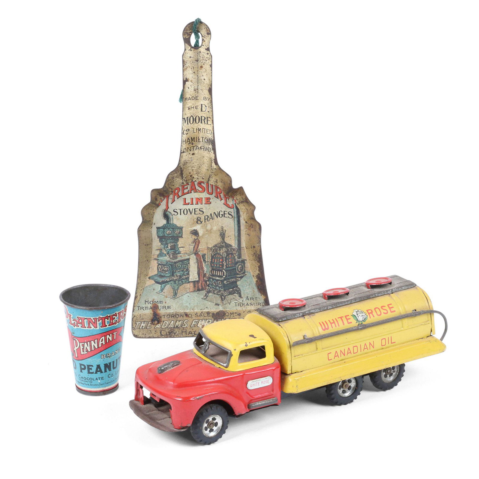 Canadian Advertising Toy & Premiums: Three (3). Including Canadian White Rose toy truck (requires grill), and two (2) tin litho premuims: a Treasure Lines Stoves (Hamilton) shovel and Planters Peanut tin. Largest 9" x 3" x 3". Don Pero C
