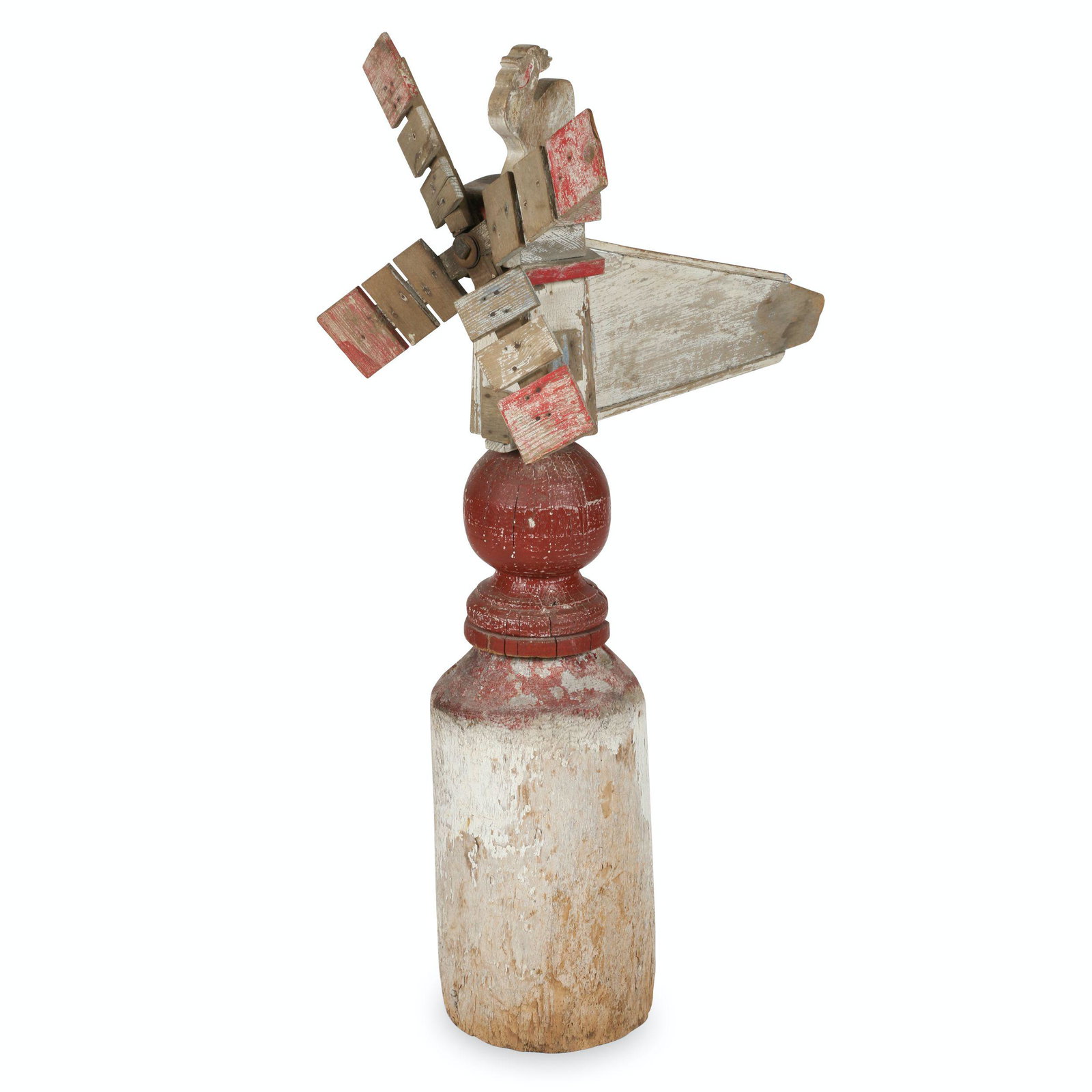 Folk Art Windmill Whirligig: Canadian. 2nd quarter 20th C. Carved Wood. Original paint with rooster weathervane atop the windmill post. 23" x 14" x 40". Don Pero Collection. $200/300.