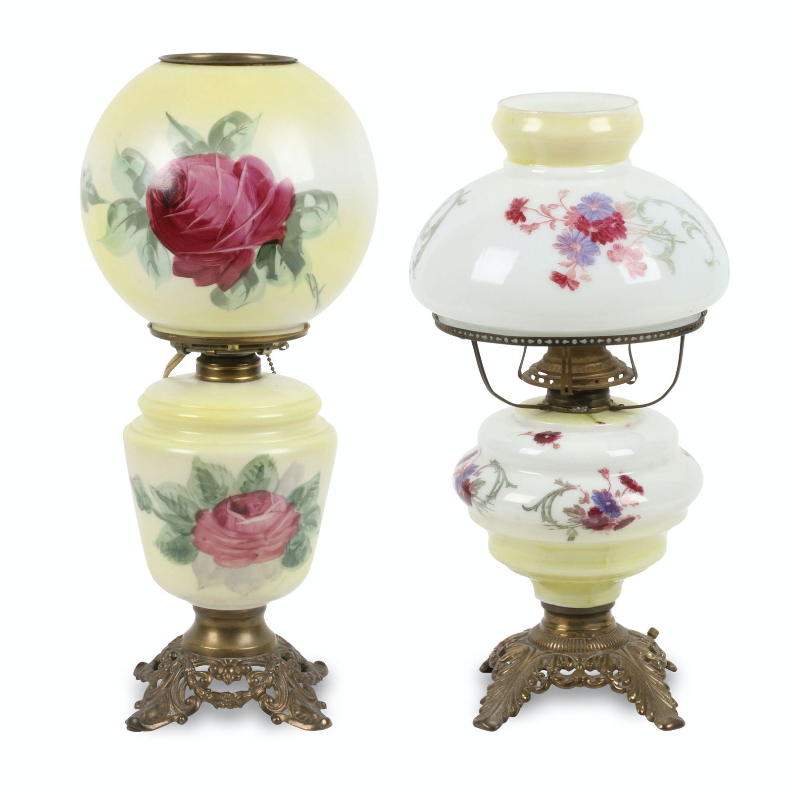 Victorian Floral-Painted Parlour Lamps: Victorian parlour lamps with globular (gone with the wind) and mushroom shades. Electrified burners. Extreme heights 18" and 16" respectively. Don Pero Collection. $300/500.