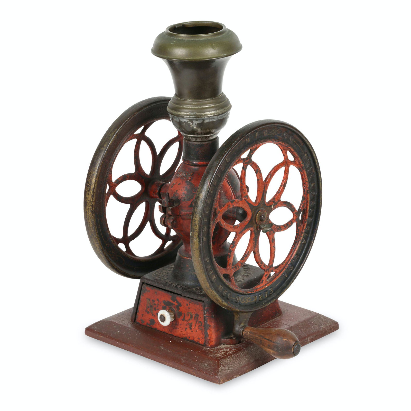 Enterprise Cast Iron Coffee Mill: Enterprise cast iron coffee mill. 11" x 8" x 15". Retaining original red and black stencilled paint and nickel-plated hopper (requires cover). Don Pero Collection. $400/600.