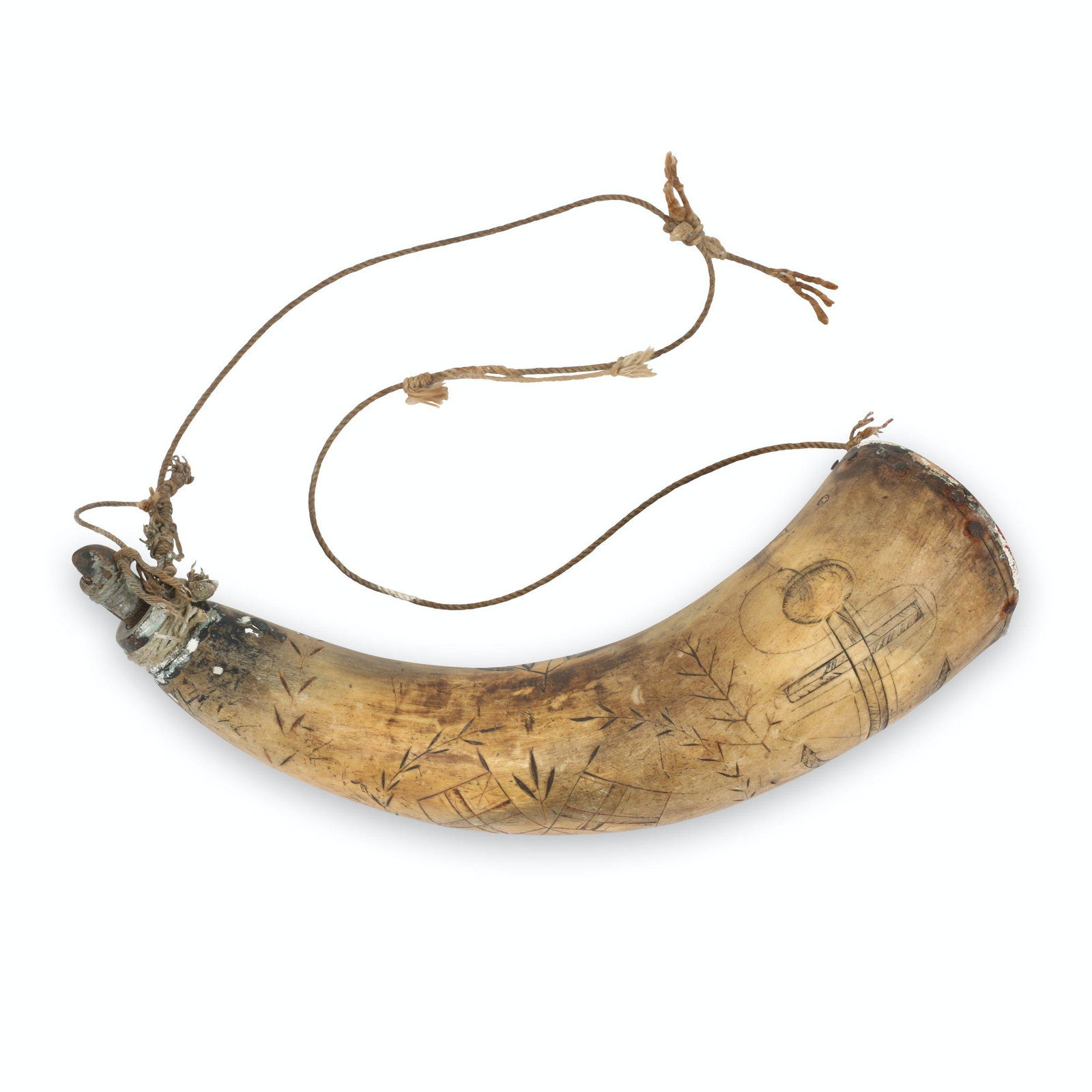 Engraved Powder Horn: 19th century engraved powder horn. Decorated with flags, fish and nautical decoration. 11" x 4" x 3". Don Pero Collection. $400/600.