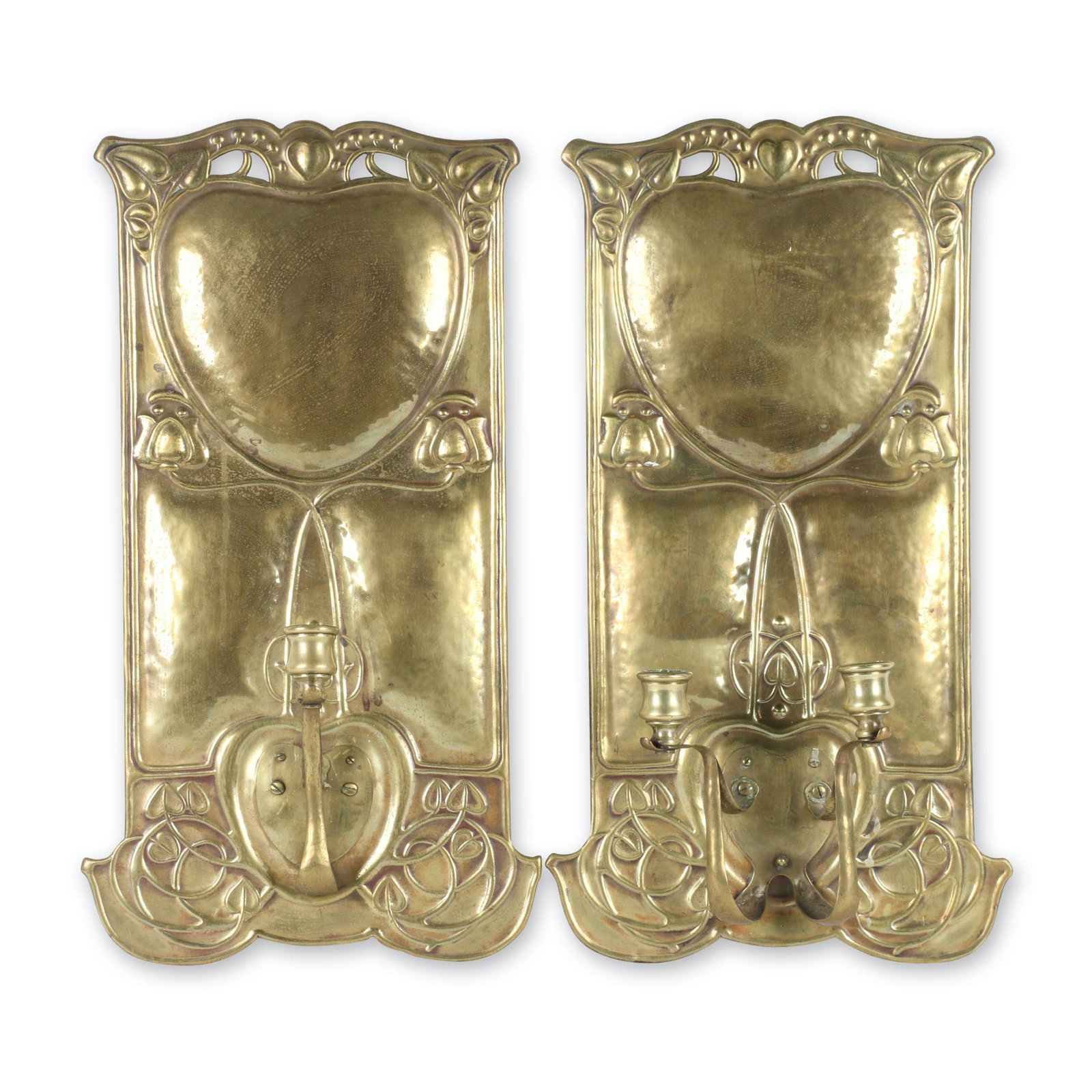 Art Nouveau Wall Sconces: Pair (2). Circa 1905. Wall sconces. Typical stylized floral decoration with tulips, hearts, ivy and tendrils. One converted from two sockets to one (possibly at factory). 20" x 11" x 3.5". Replacement