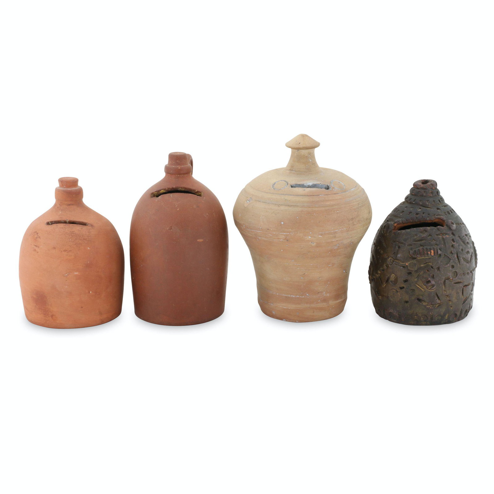 Ontario Earthenware Banks: Four (4). Canadian. Earthenware. Decorated example intended to mimic "memory ware". Each unglazed, one example with applied decoration is coated with a layer of gold coloured paint. 4.25" to 5.25" (h)