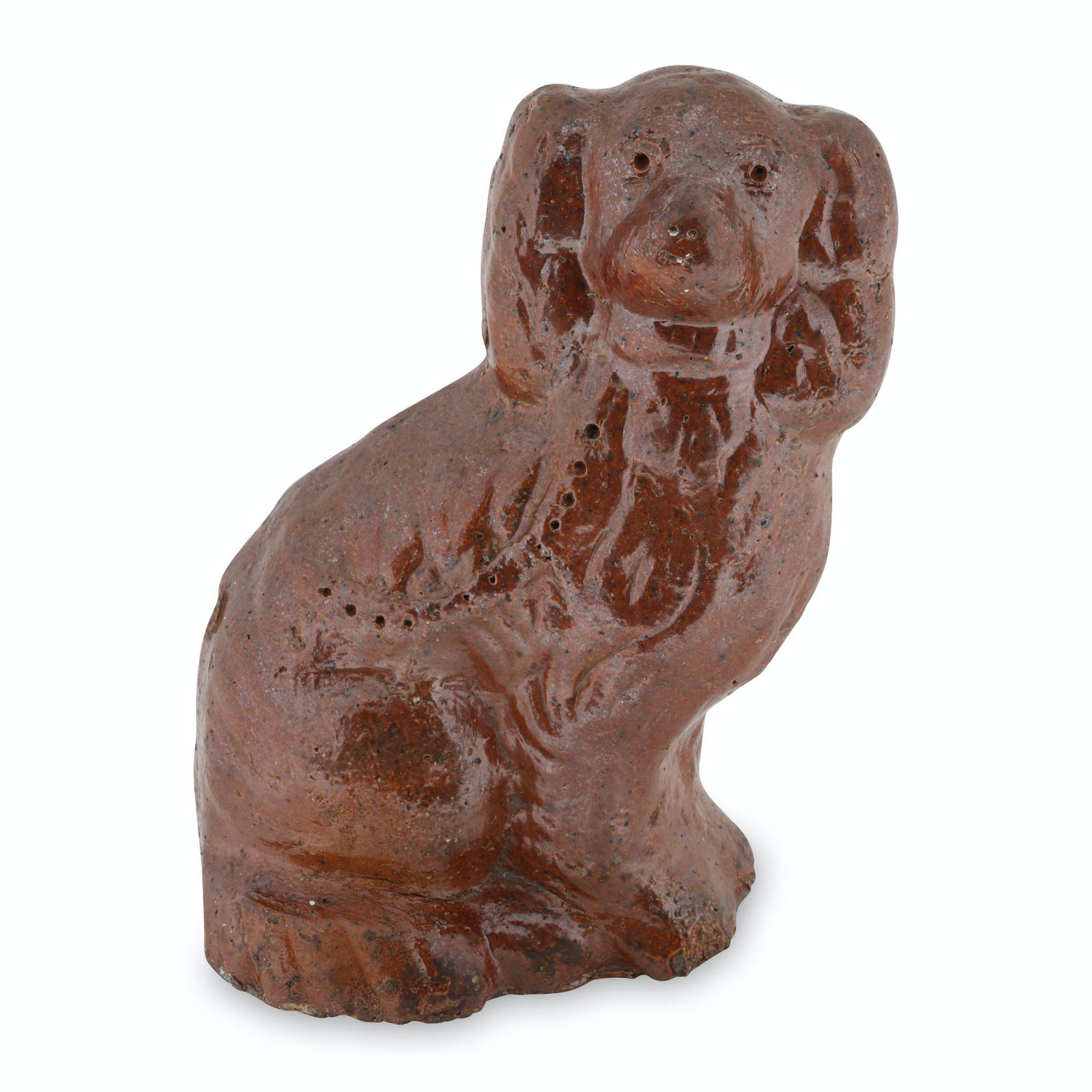 Redware Sewer Tile Spaniel Doorstop: Probably Canadian. Earthenware. Solid composition, weighs 5lb 11oz. 8.5" x 6.5" x 3.5". Noted, "Found 'tween Markham & Stouffville - See Stradling Page 143". Firing split extends through right side of
