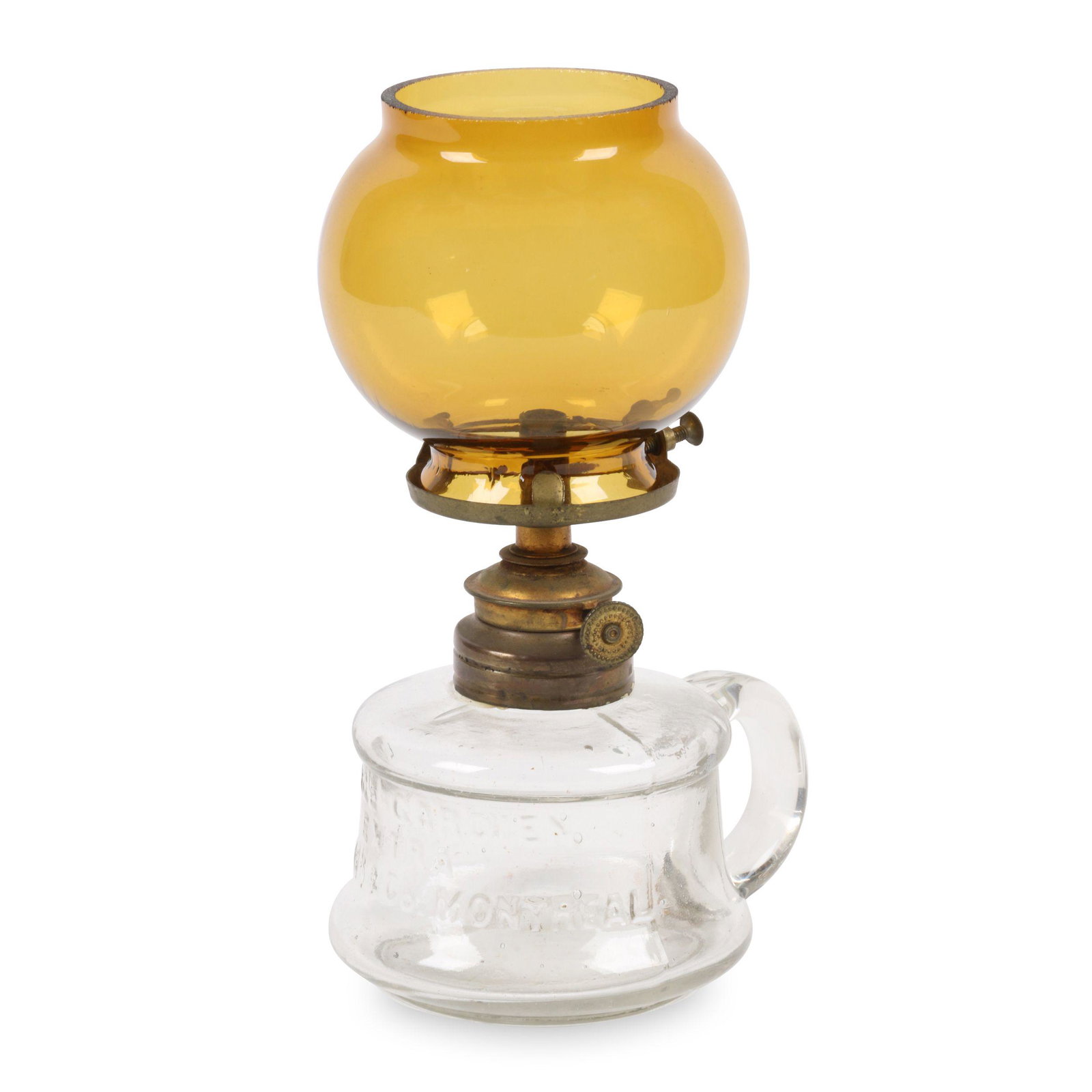 Guardian Angel C. H. Binks Miniature Lamp: Canadian. Glass. Clear glass finger lamp with amber glass globe shade. Embossed mark "L'ANGE GARDIEN EXTRA C.H. BINKS & Co. MONTREAL". 7". Good. Don Pero Collection. $200/300.