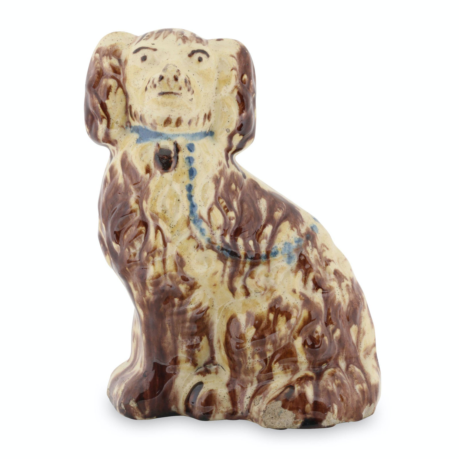 Burns Markham Earthenware Spaniel: Canadian. Earthenware. Featured, Webster, 1971, Page 12- Denker 1982, Plate 11. 9" x 6.5" x 4". Noted, "Ex-Phil Dunning Col - Markham-Burns". 1 - 2" base edge flakes, the largest to front right edge. 