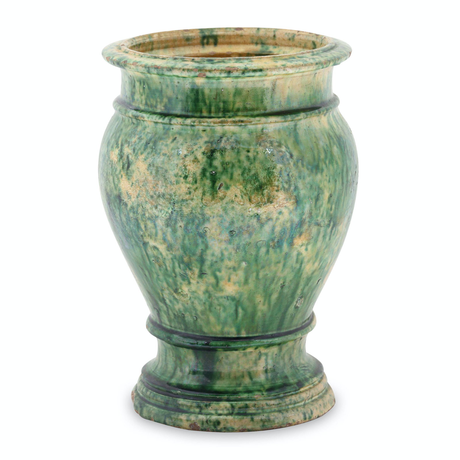 Humberstone Earthenware Vase: Canadian. Earthenware. Attributed to Simon Thomas Humberstone, North York, Ontario. 10" x 6.5" x 6.5". Noted, "Bridgeport" base. Two chips from outer edge of base. John Wine Collection. $800/1200.