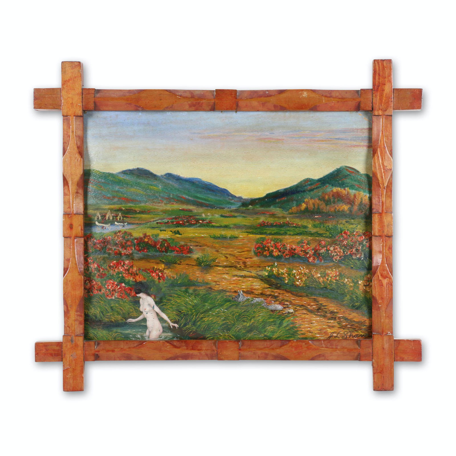 Folky Nude in the Wild Painting in Folk Art Frame: Canadian. 1926. Oil on Board. Charming and colourful New Brunwick oil painting is signed verso 'J. L Shaw Wicklow NB 1926'. Sight 19.25" x 15.25". Jim/Ilona Fleming Collection. $200/300.