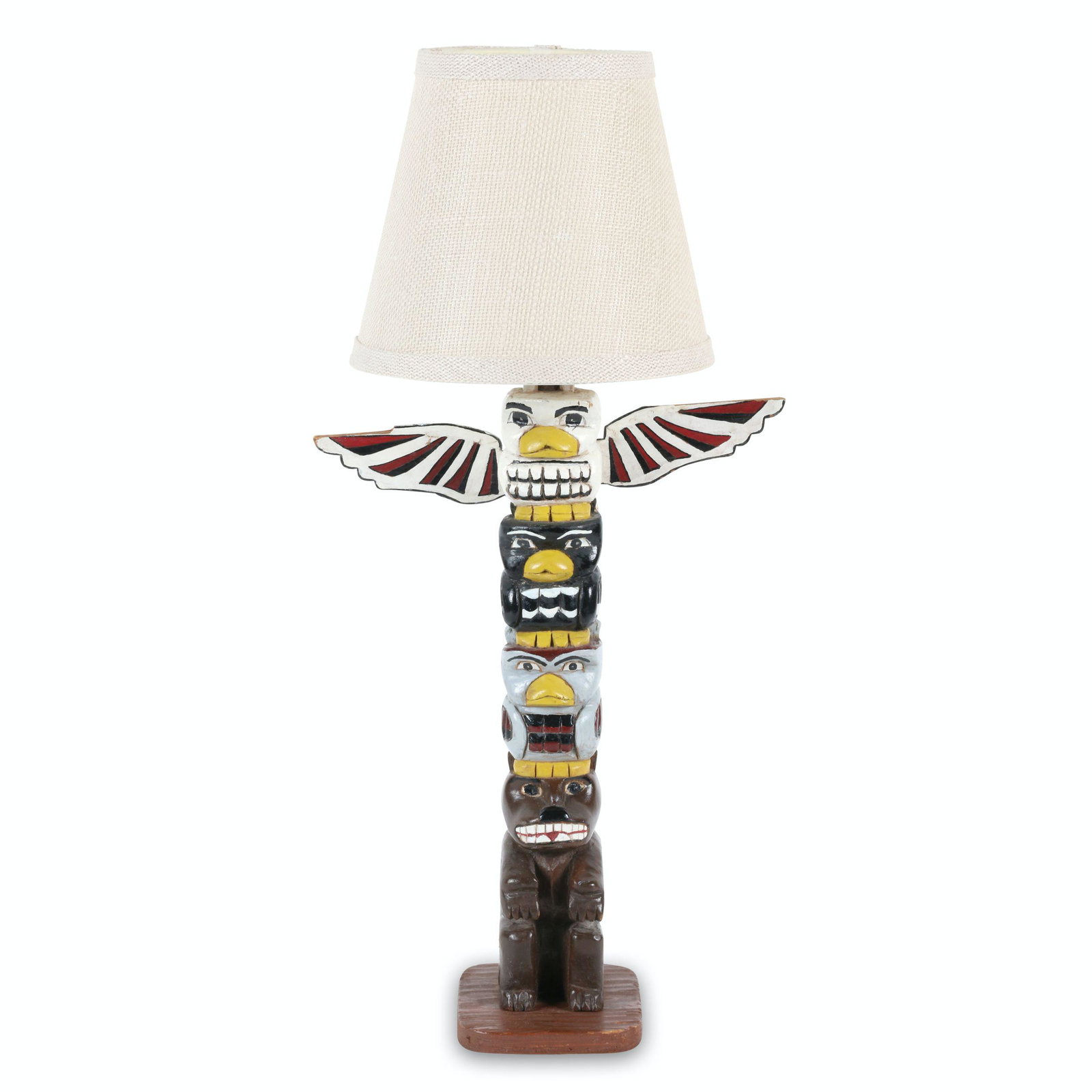 Prince Rupert Totem Pole: Canadian. 1954. Wood. Original polychromed paint signed "Howard Sanky, Miller Bay Hospital, Prince Rupert, March 26, 1954". Cord cut at plug - requires rewiring. Extreme height (with shade) 21.75". Ji