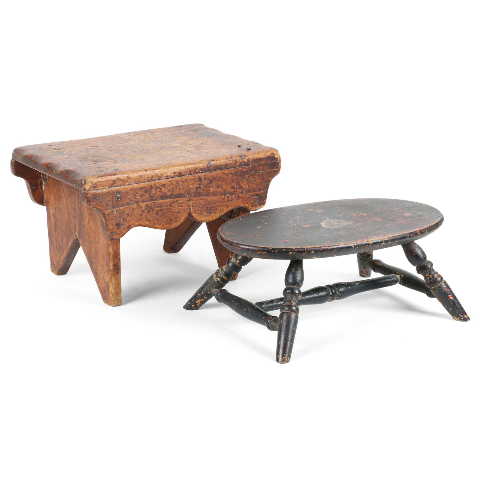 Painted Foot Stools: Two (2). 19th century. One bench form with nicely scrolled sides retaining traces of original paint, the other Windsor form with turned legs and stretcher. Largest 15.5" x 10" x 9". Don Pero Collectio