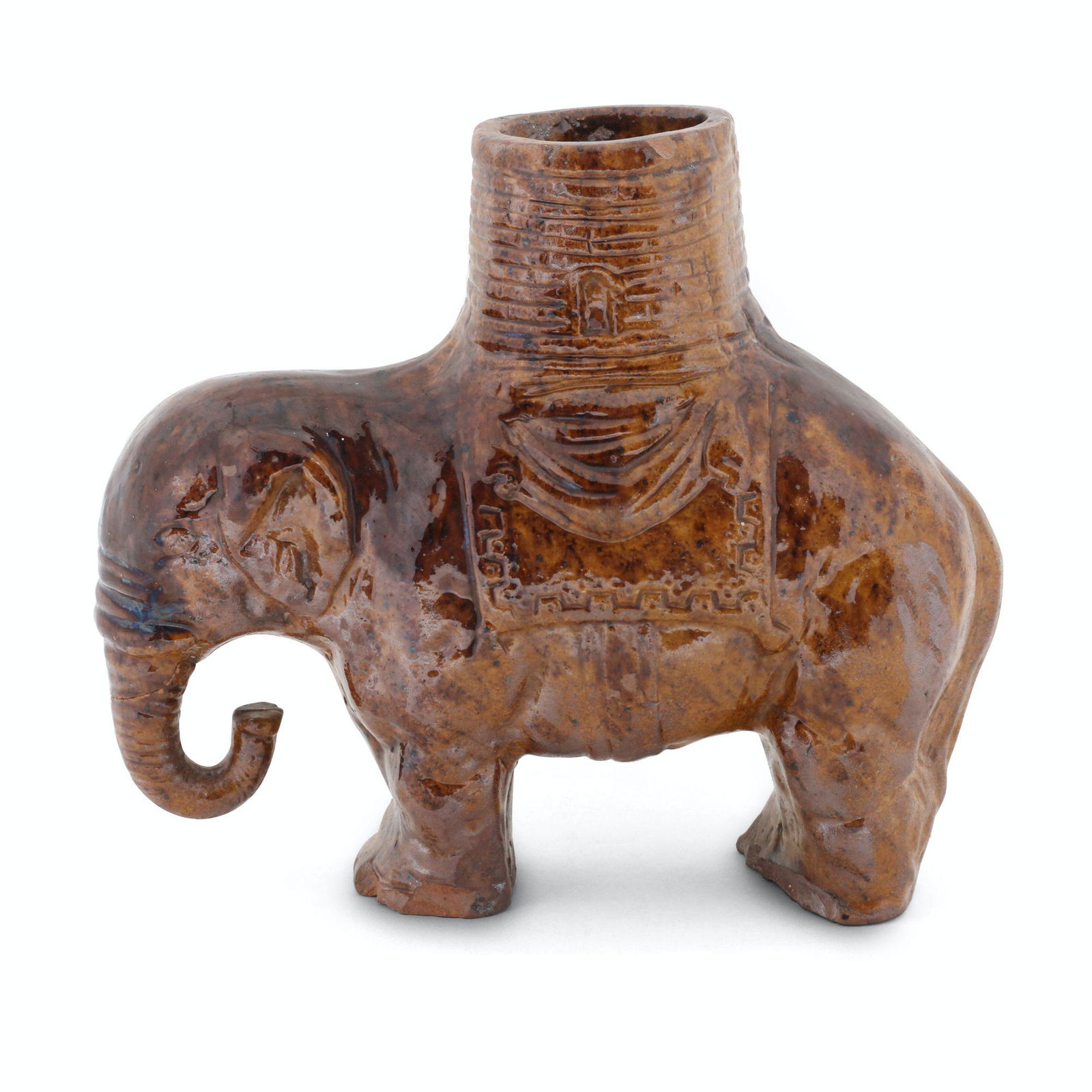 Unusual Redware Elephant Vase: Probably Canadian. Earthenware. 8.5" x 9.75" x 3.5". Noted, "BRUCE PEN". Includes directions indicating the location from which it was purchased. 2" base edge chip at front right foot. Scattered minor