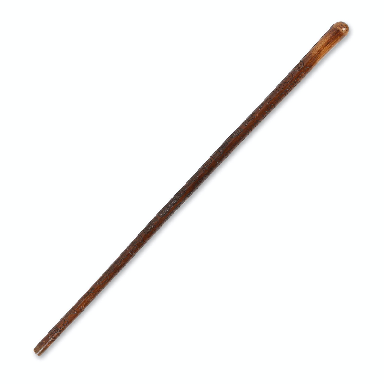 Huron Lodge Odd Fellows Folk Art Cane/Walking Stick: Canadian. 1896. Maple. Inscribed with symbols and notes. Goderich, Ontario. Huron lodge no 62 IOOF FL & T March 25 Year 1896". 35" long. Jim/Ilona Fleming Collection. $400/600.