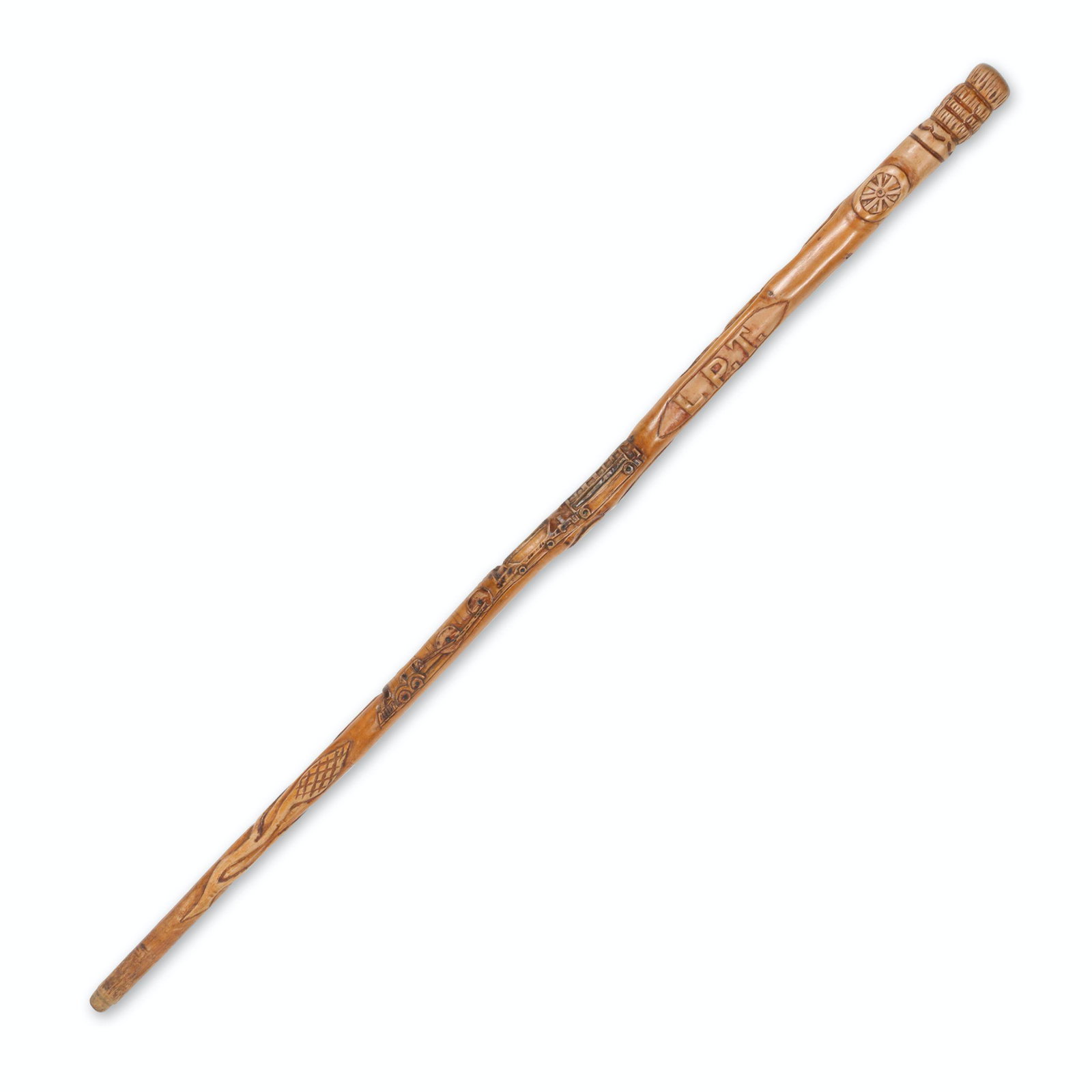 Railway-Themed Folk Art Cane/Walking Stick: American. 1890s. Carved wood depicting a train, coal car, caboose, raised wagon wheel and two shaking hands with Victorian cuffs. Initialled 'LPT'. 37" long. Jim/Ilona Fleming Collection. $500/800.