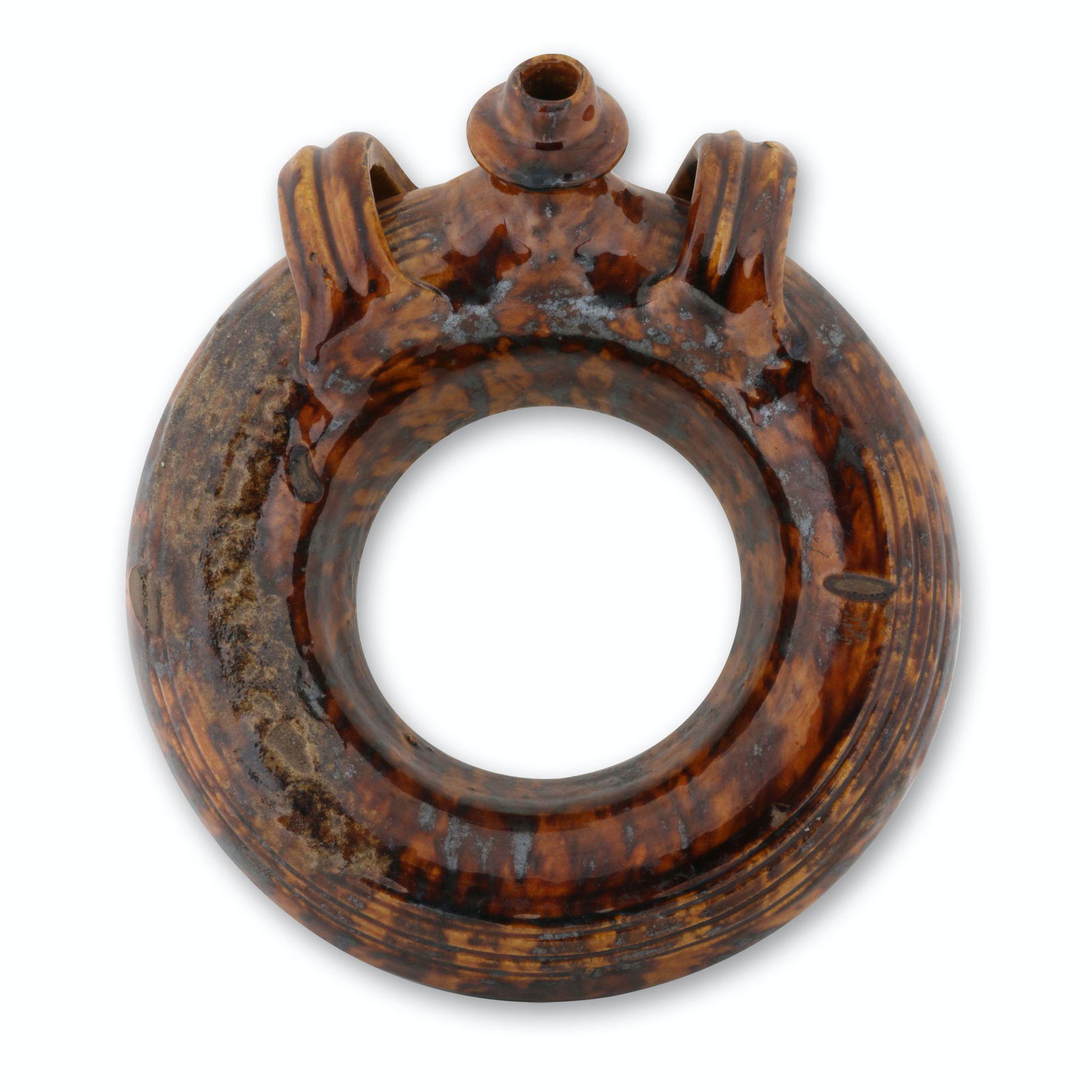 Redware "Harvest Ring" Jug: Canadian. Earthenware. Ringkrug or "ring jug", also known as a harvest ring. Exhibits clay and glaze characteristics consistent with pottery made by The William Eby Pottery, Conestogo, Ontario, 1855-1