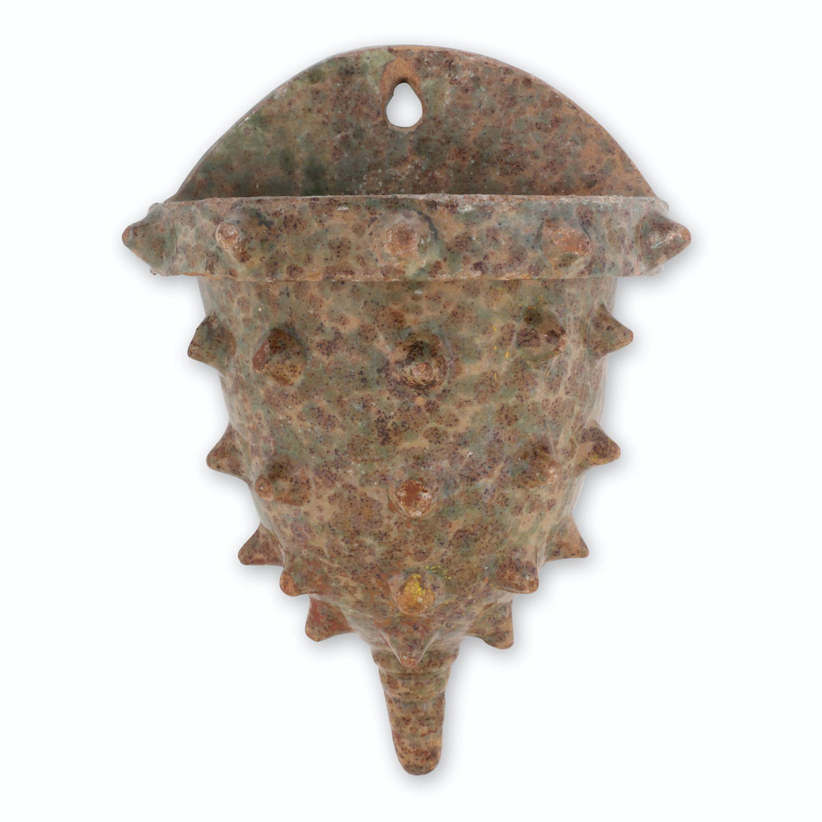 Ontario Earthenware Wall Pocket: Canadian. Earthenware. Unusual form resembles conchshell. Features brown and green spattered slip over lead glaze. 10.25" x 7" x 4". Noted, "K-W Area". 3" chip from lower left edge of rim. Light to mo