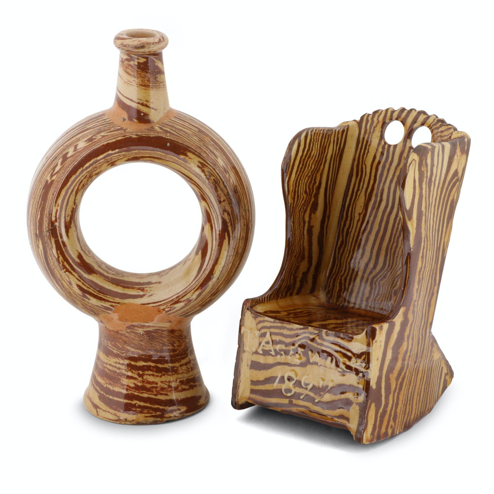 English Bargeware Chair and Ring Jug: Two (2). English. Earthenware. Chair marked, "T. Ashwurth 1897". 7.5"(h) - 10.25"(h). John Wine Collection. $400/600.
