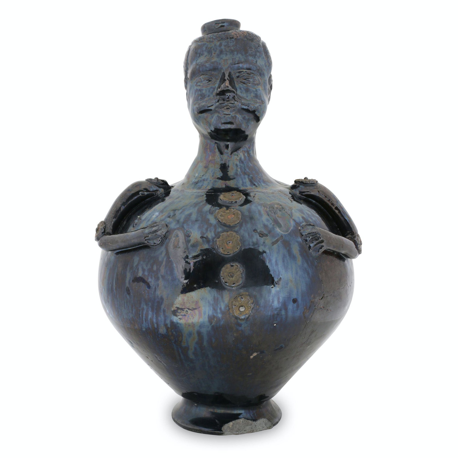 Figural Earthenware Whiskey Jug: Probably English. Earthenware. Fantastic figure of a plump gentleman. 13" x 7" x 7". Noted, "FT ERIE (90-95 MI FROM BURFORD)". Hairline extends through front stomach to just below neck. 1.75" chip fro