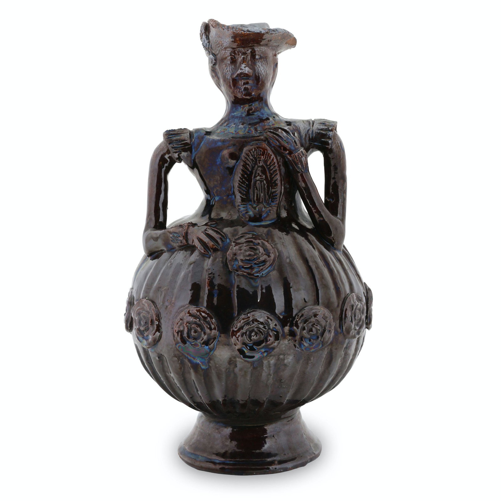 Figural Earthenware Whiskey Jug: Probably American. Earthenware. 11.75" x 6" x 6". Noted, "SOUTHERN R.I.". Minor base edge flakes. Flake from lower right edge of hat brim. John Wine Collection. $700/900.