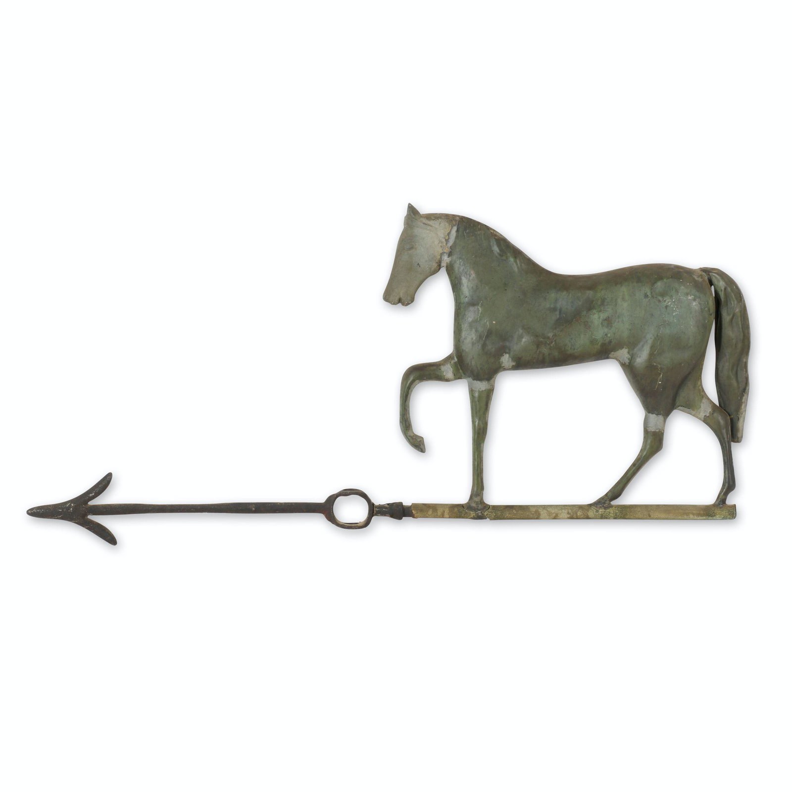 Full-Bodied Horse Weathervane: Circa 1920. Full-bodied horse weathervane on directional arrow. Appears commercially made. 30.5" x 14.5" x 3". Hoof of left leg disconnected from directional tube with old repair. $300/500.