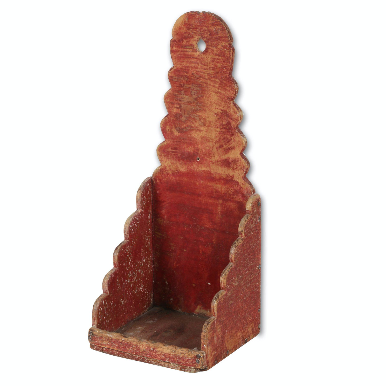 Folk Art Hanging Candle Holder: Canadian. 4th quarter 19th C. Wood. Original red paint, with scalloped design. 15.5" x 6" x 6". Jim/Ilona Fleming Collection. $300/500.