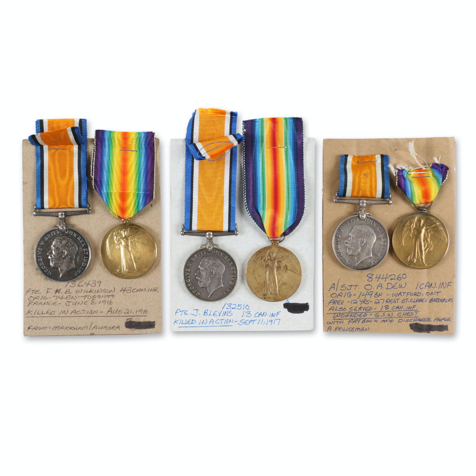 Three (3) WWI Medal Groups: British. Includes original and facsimile paperwork containing information surrounding each soldier's military career. Issued to: BLEVINS, J 132510. Pte, 13 Canadian Infantry, DEW, O.A Pte. 844260, 18 