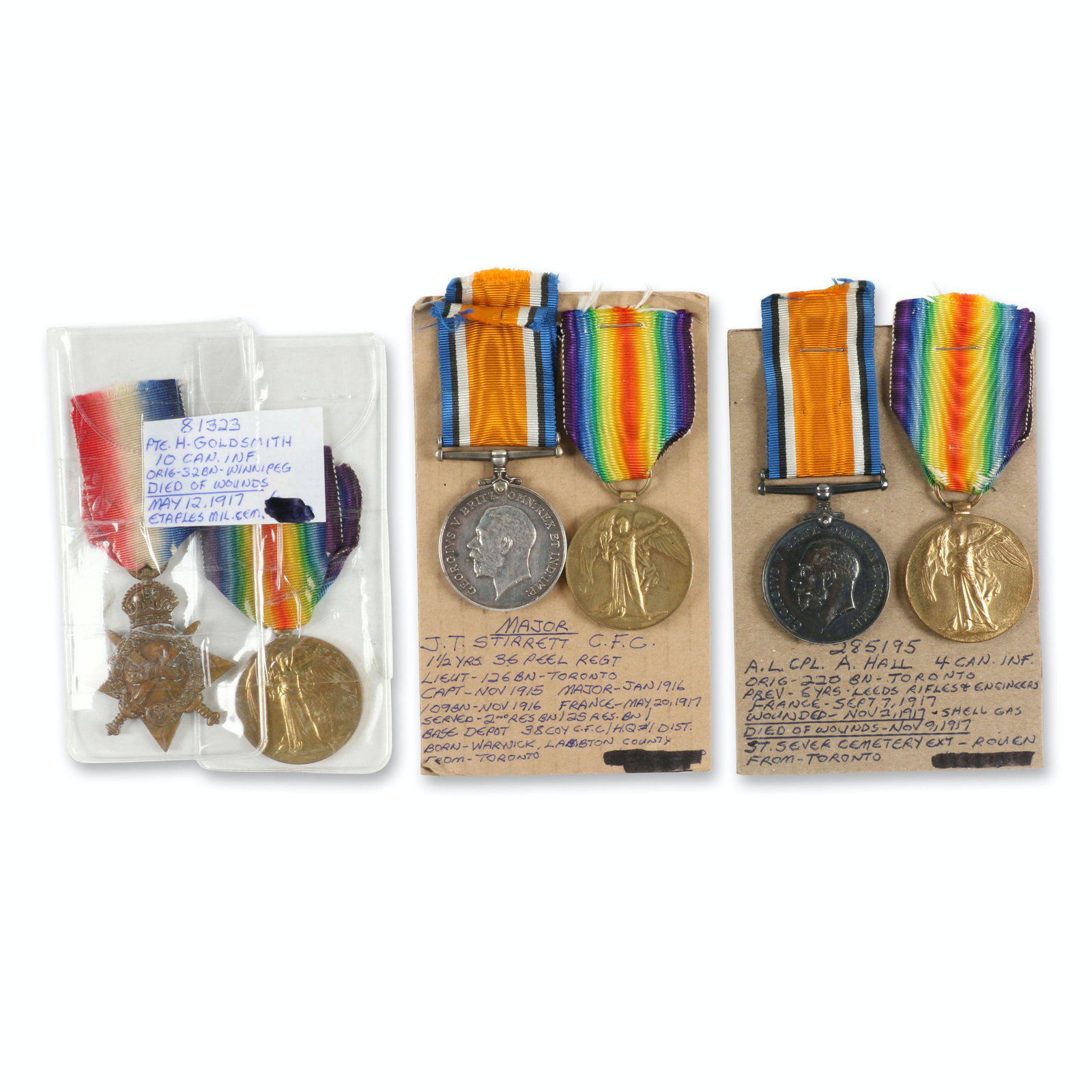 Three (3) WWI Medal Groups: British. Includes facsimile paperwork containing information surrounding each soldier's military career. Issued to: STIRRETT, J.T. Major, Canadian Forestry Corps, HALL, A. Pte. 285195, 4 Canadian Infa