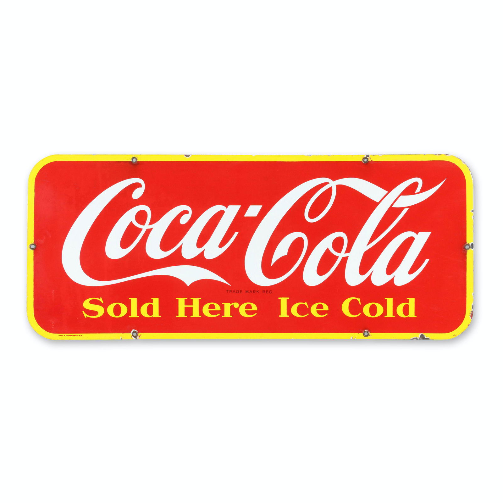 Coca-Cola Porcelain Kick Plate Sign: Canadian. 1948. Single-sided.. Marked, "Made in Canada - 1948 - P&M" lower left edge. 29.25" x 12.25". Very minor porcelain loss isolated to outer edges and at mounting holes. Surface exhibits excelle