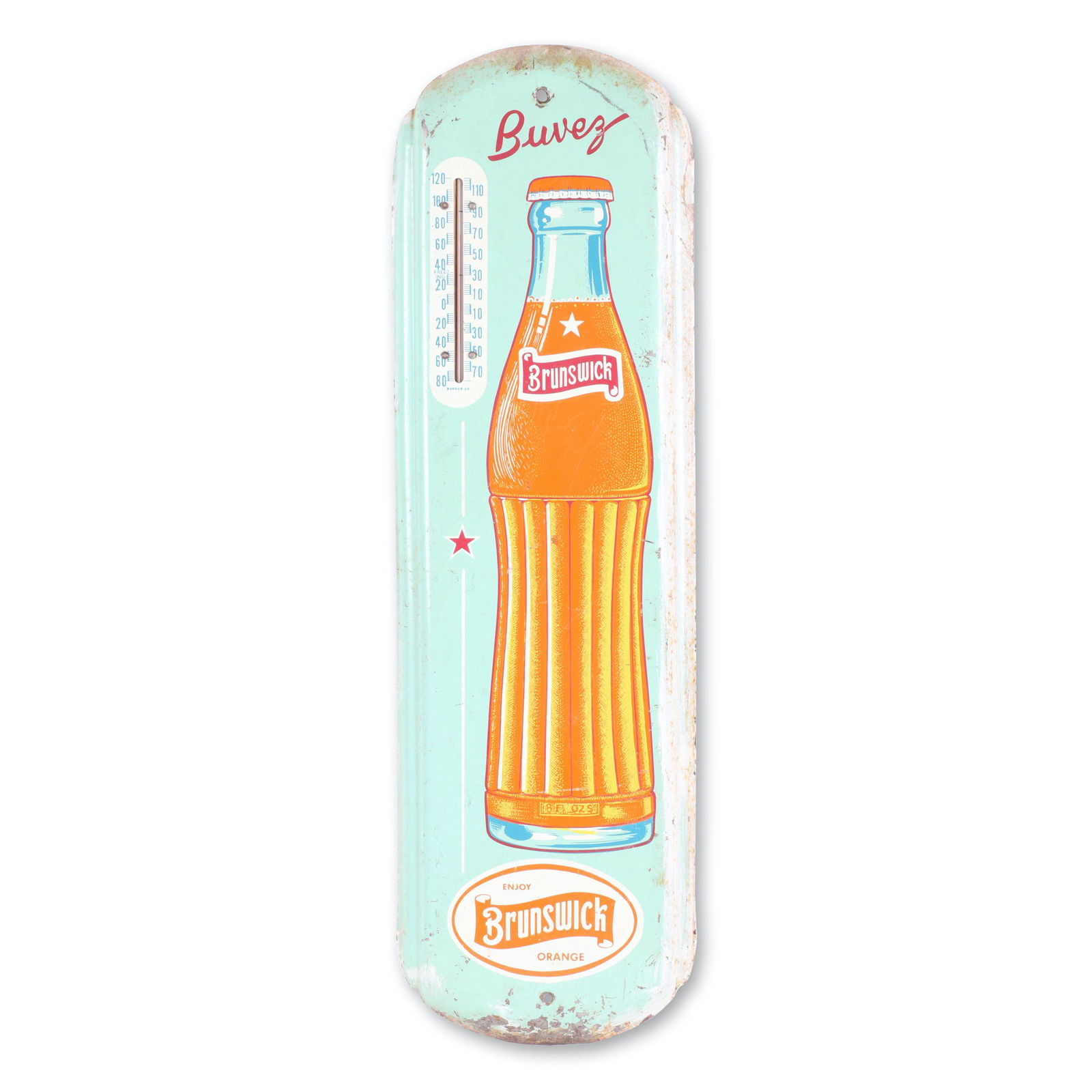 Brunswick Orange Soda Thermometer: Canadian. 1960s. French Canadian. Marked, "Barker 68". 27" x 8.25" x 0.5". Overpaint to side. $150/200