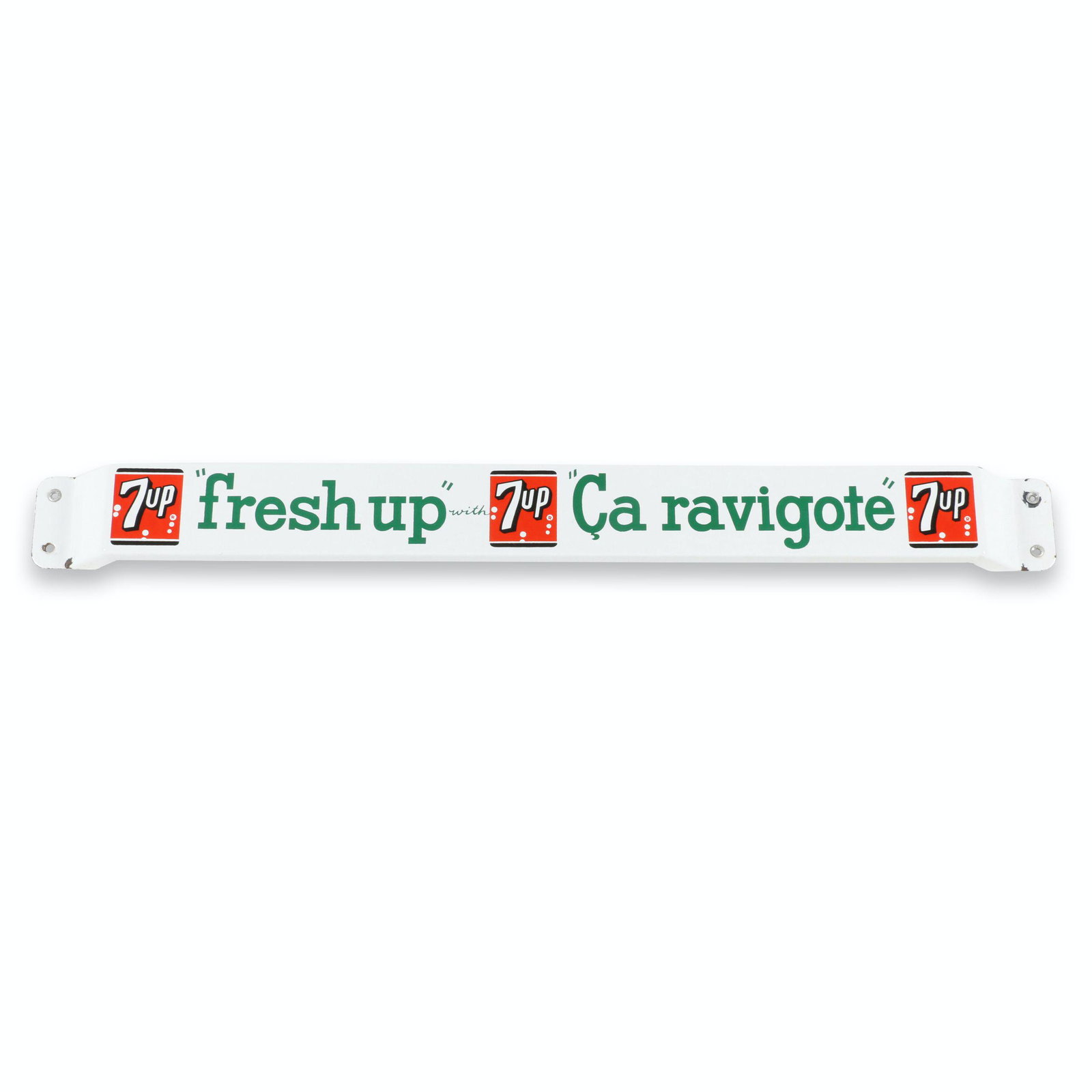7-Up Porcelain Door Bar: Canadian. 1950s. Bilingual Version. 31.5" x 3" x 1.5". Minor porcelain loss surrounding mounting holes and at mounting flanges. $150/200