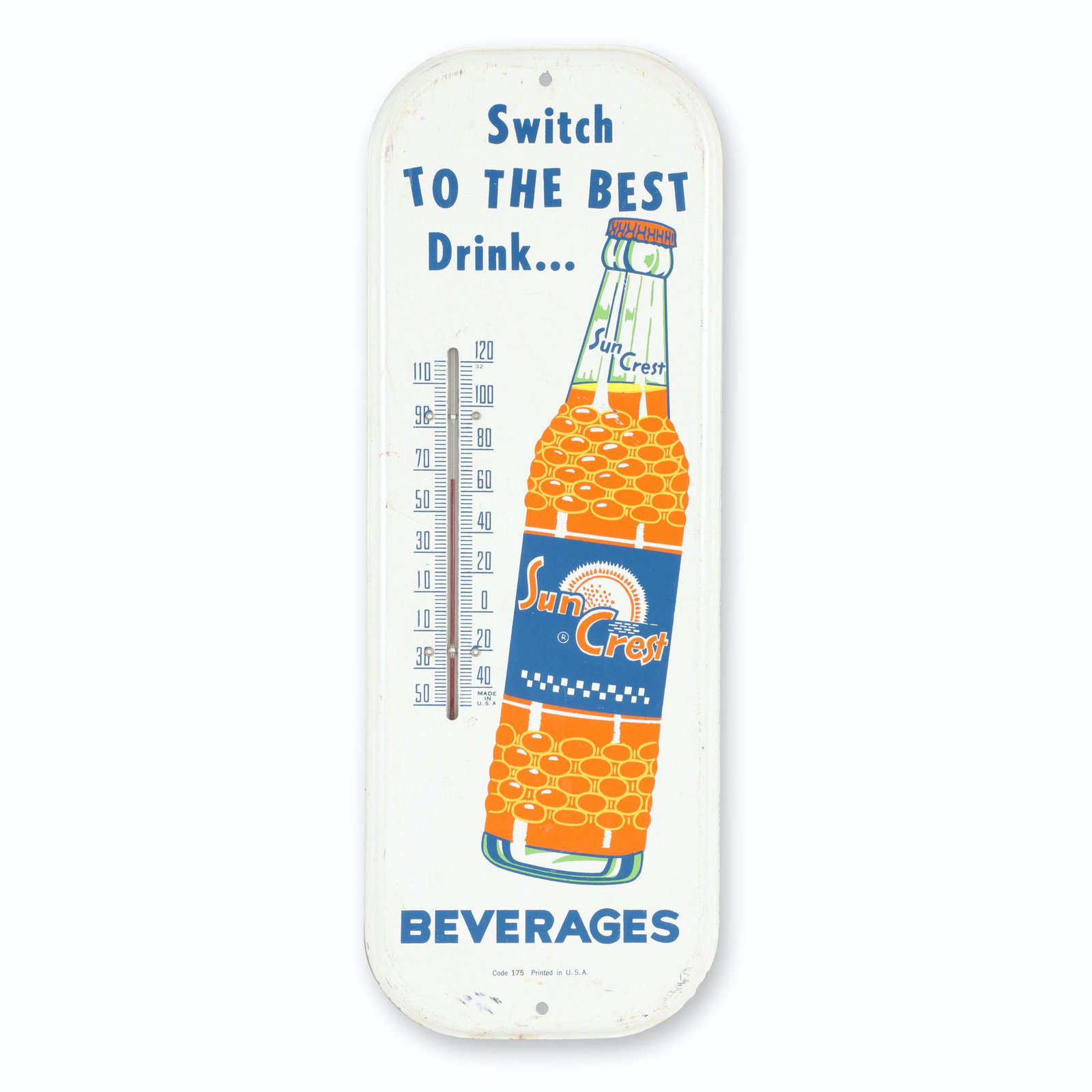 Sun Crest Soda Thermometer: American. 1960s. Mercury tube in tact. Marked, "Code 175 Printed in U.S.A" lower edge. 16" x 5.75" x 0.75". Minor scuffs surrounding the outer edges. $200/300