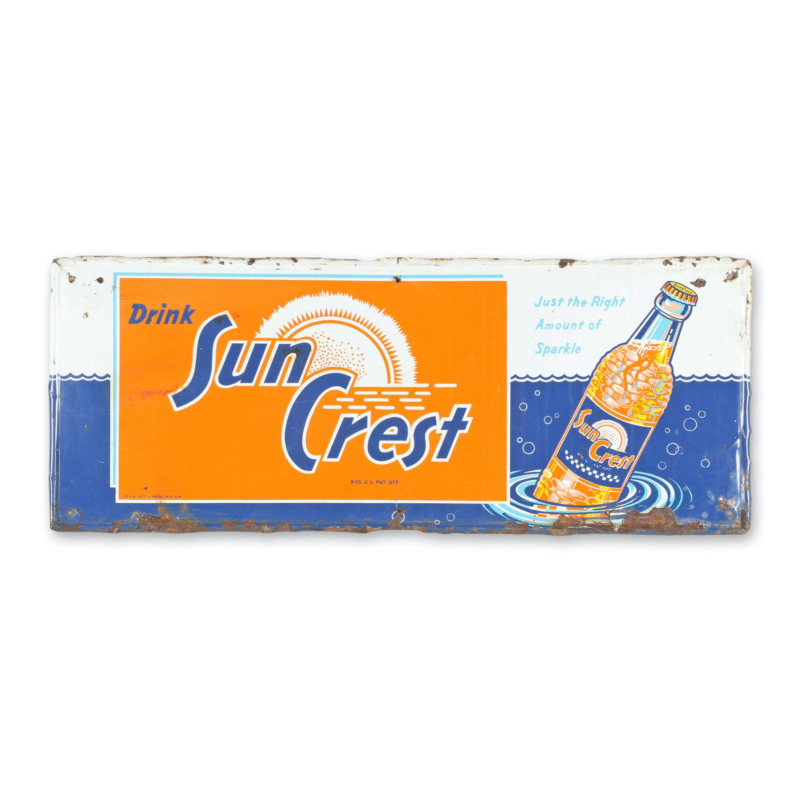 Sun Crest Soda Tin Litho Sign: American. 1950s. Single-sided. Marked, MCA 457 - MADE IN U.S.A" lower left edge. 29.75" x 11.75". Moderate oxidation along lower edge including active surface flaking at right side. Central creases, m