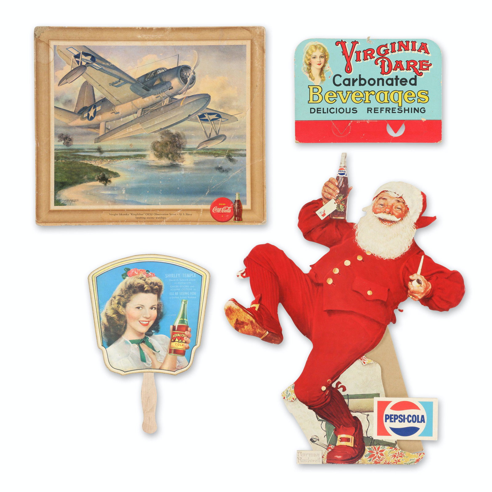 Assorted Die-cut Soda Advertisements: Four (4). American. 1930s-80s. Pepsi santa stands 18.75" (h). Coca-Cola 15" x 13". Shirley Temple die cut fan is a reproduction. Pepsi-Cola die cut santa marked, "Norman Rockwell", lower edge. Coca-Co