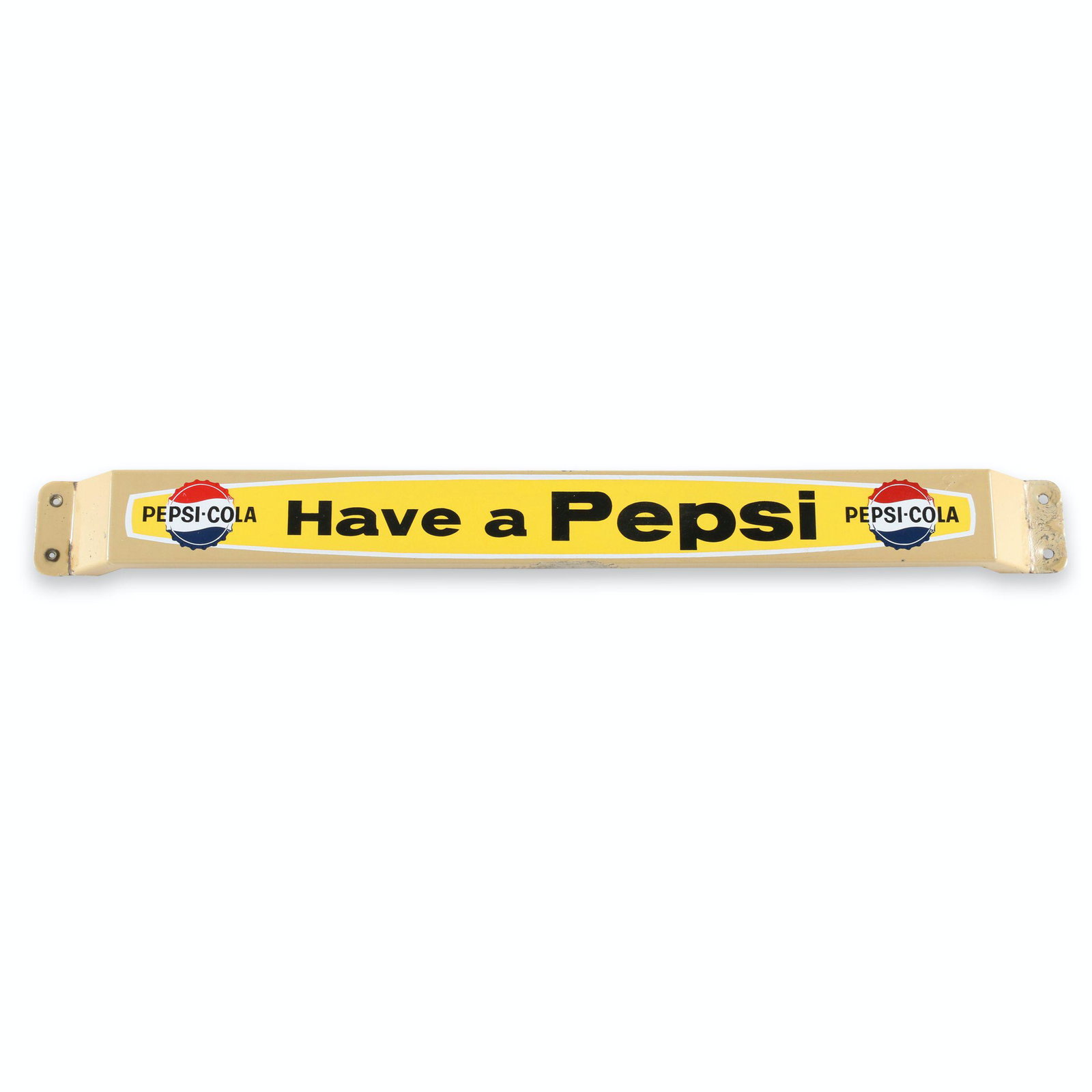 Pepsi-Cola Porcelain Door Push Bar: Canadian. 1950s. . Stamped "301-21 P&M Orillia" on reverse of flange, 31" (l)" x " x ". Touchup to lower edge. . $200/300