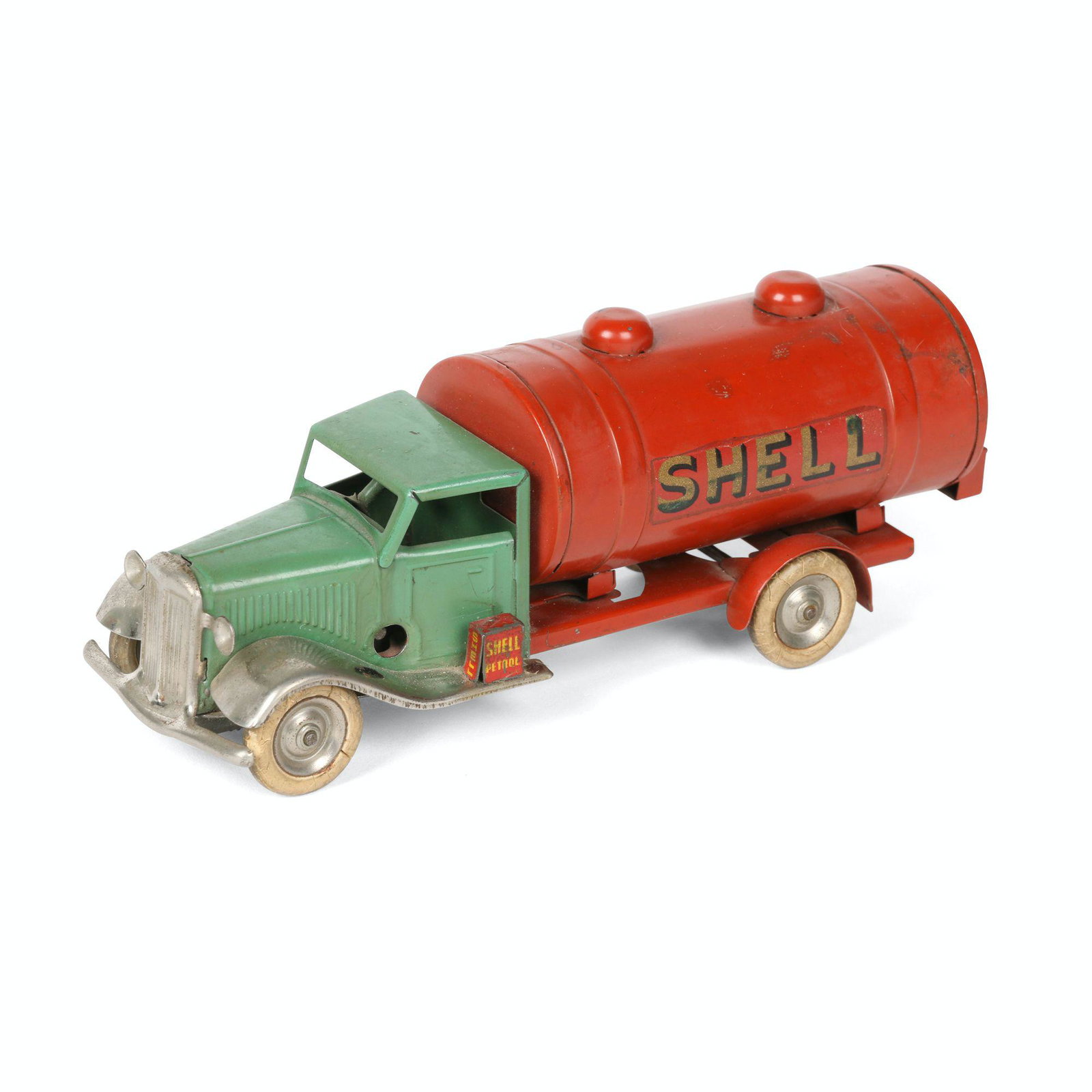 Tri-Ang Shell BP Oil Tanker Toy: English. 1930s. . Embossed underneath, "Tri-ang Minic Toys Made in England". 6" (l)" x " x ". . $150/200