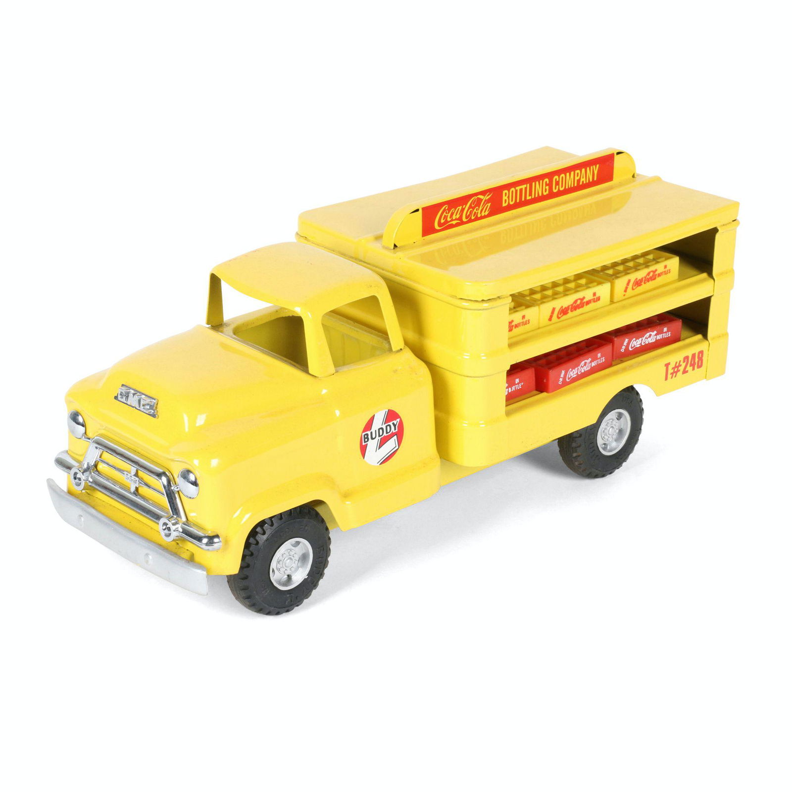 Buddy L Coca-Cola GMC Delivery Truck Toy: American. 1960s. Wheel signed, "Buddy L". 15" x 5" x 6". $200/300