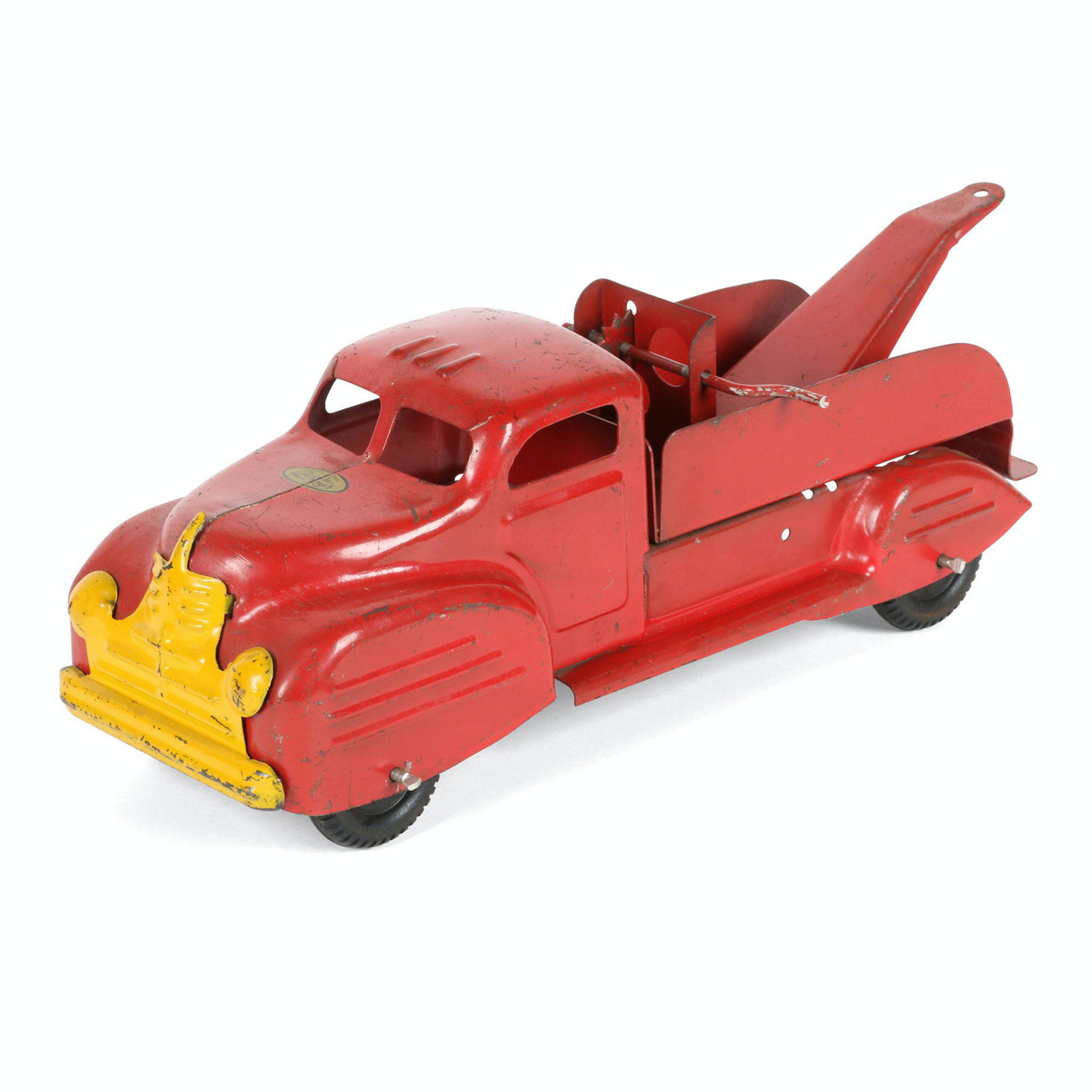 Lincoln Pressed Steel Tow Truck Toy: Canadian. 1940s. Signed, "Lincoln", decal, upper hood, 13" x 4.5" x 5". $200/300