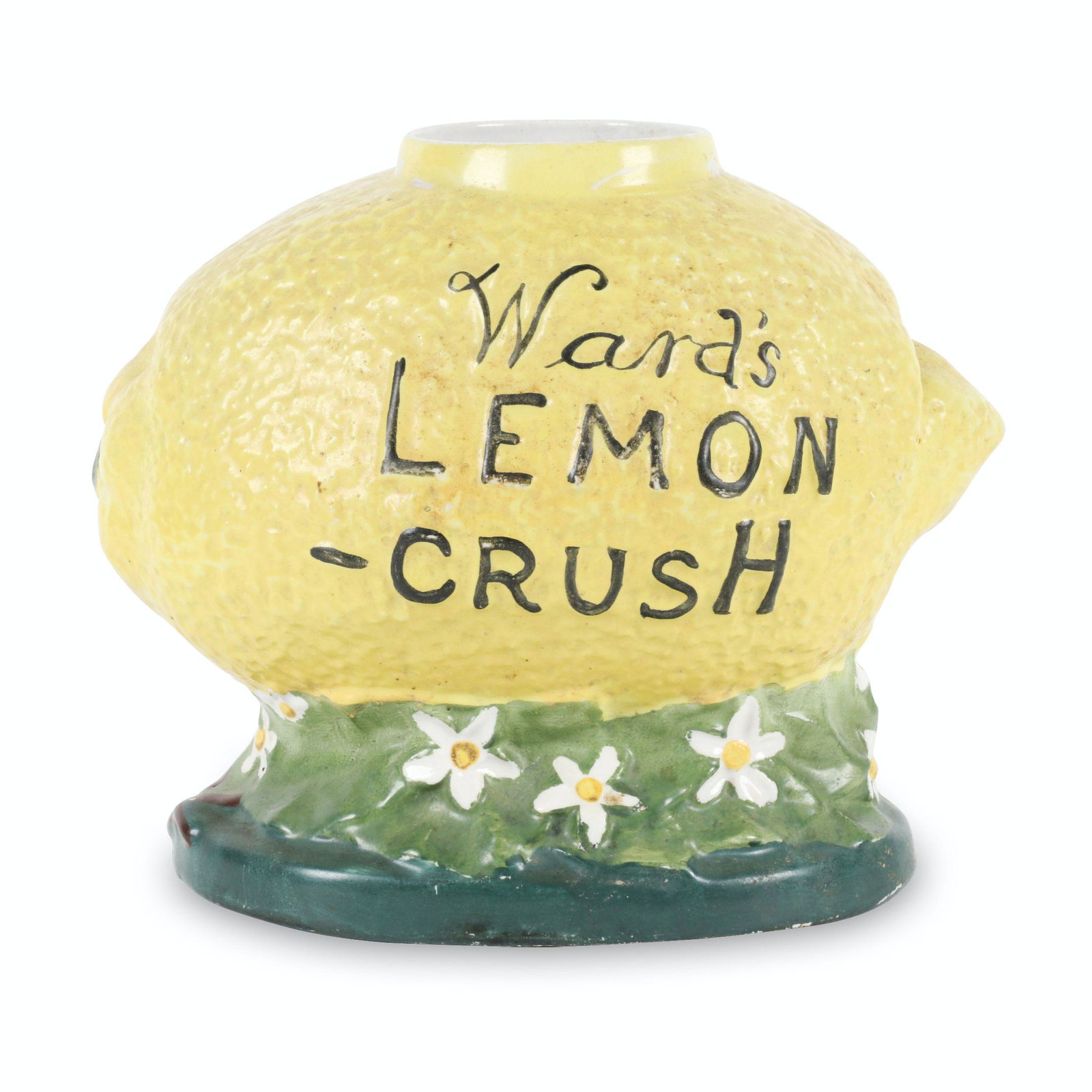 Ward's Lemon Crush Syrup Dispenser: American. 1920s. 11" x 7.5" x 9". Scum & crazing within. $700/900