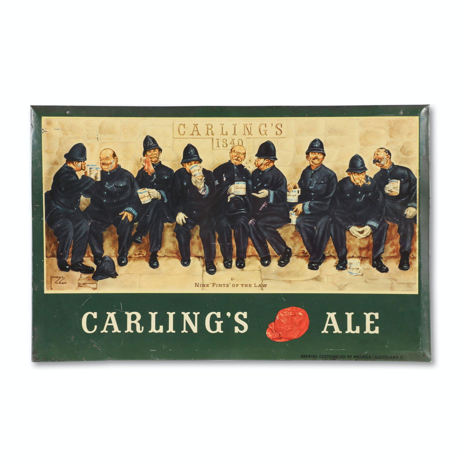 Carling's Ale Tin Litho Sign: Canadian. 1940s. Tin-over-cardboard. Marked, "Brewing Corporation of America - Cleveland. O" lower right edge. 20" x 13". Scattered minor creases and oxidation. $200/300