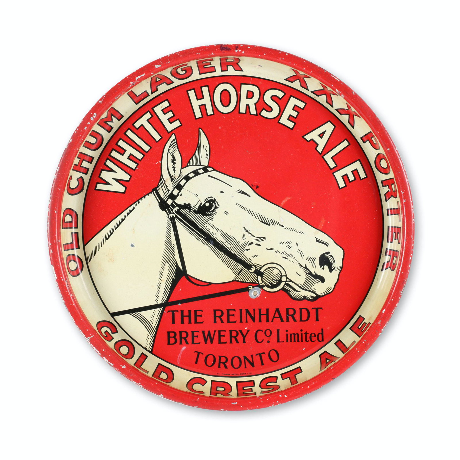 Reinhardt's White Horse Ale Beer Tray: Canadian. 1930s. Marked, "St. Thomas Metal Signs Ltd" lower inner edge. 13" diameter. Punture with accompanying surface loss below head. Minor scattered surface loss. $200/300