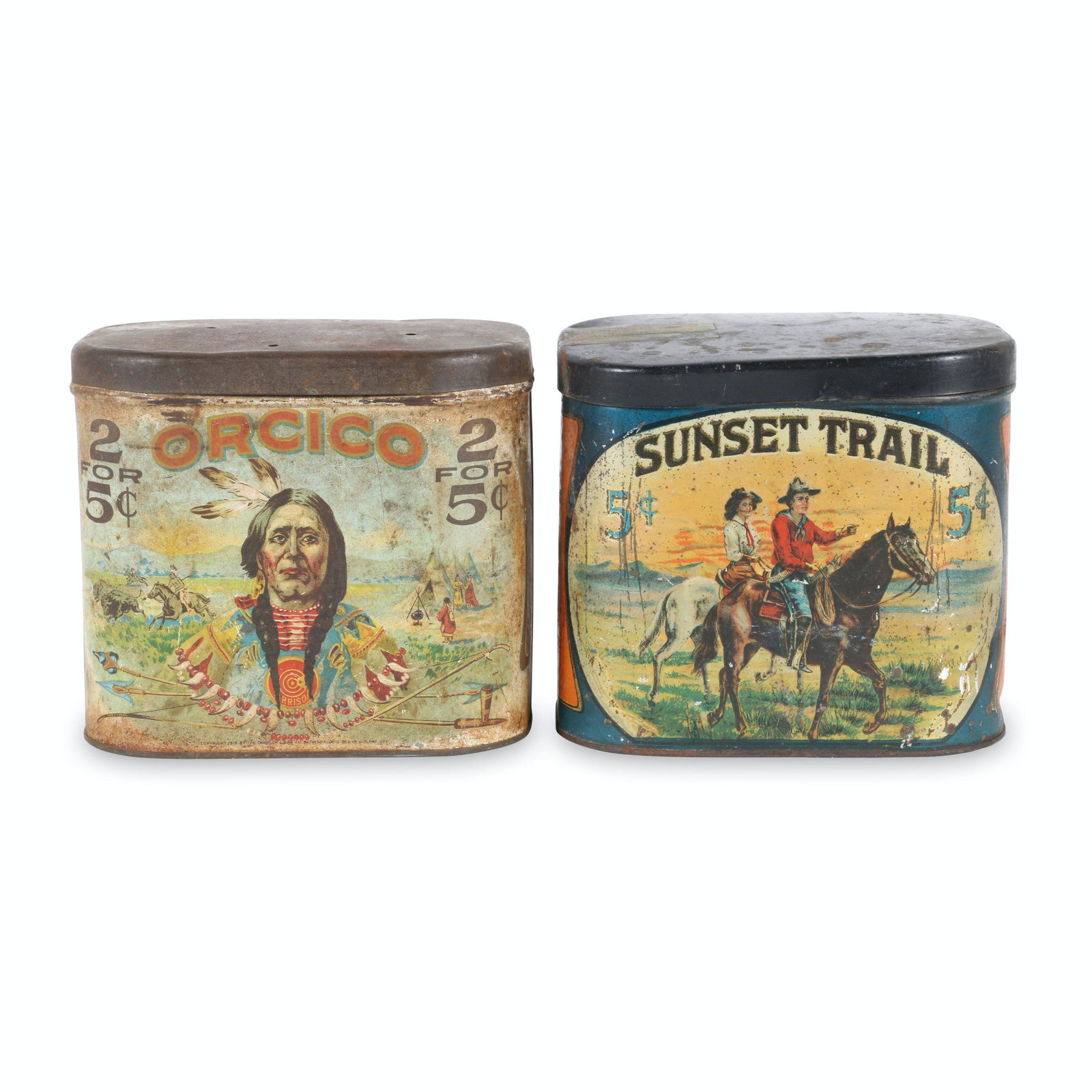 Sunset Trail & Orinoco Tobacco Tins: American. 1910s. Marked "federal tin co baltimore inc." and "copyright 1919" respectively. 6" x 5.5" x 4". $200/300
