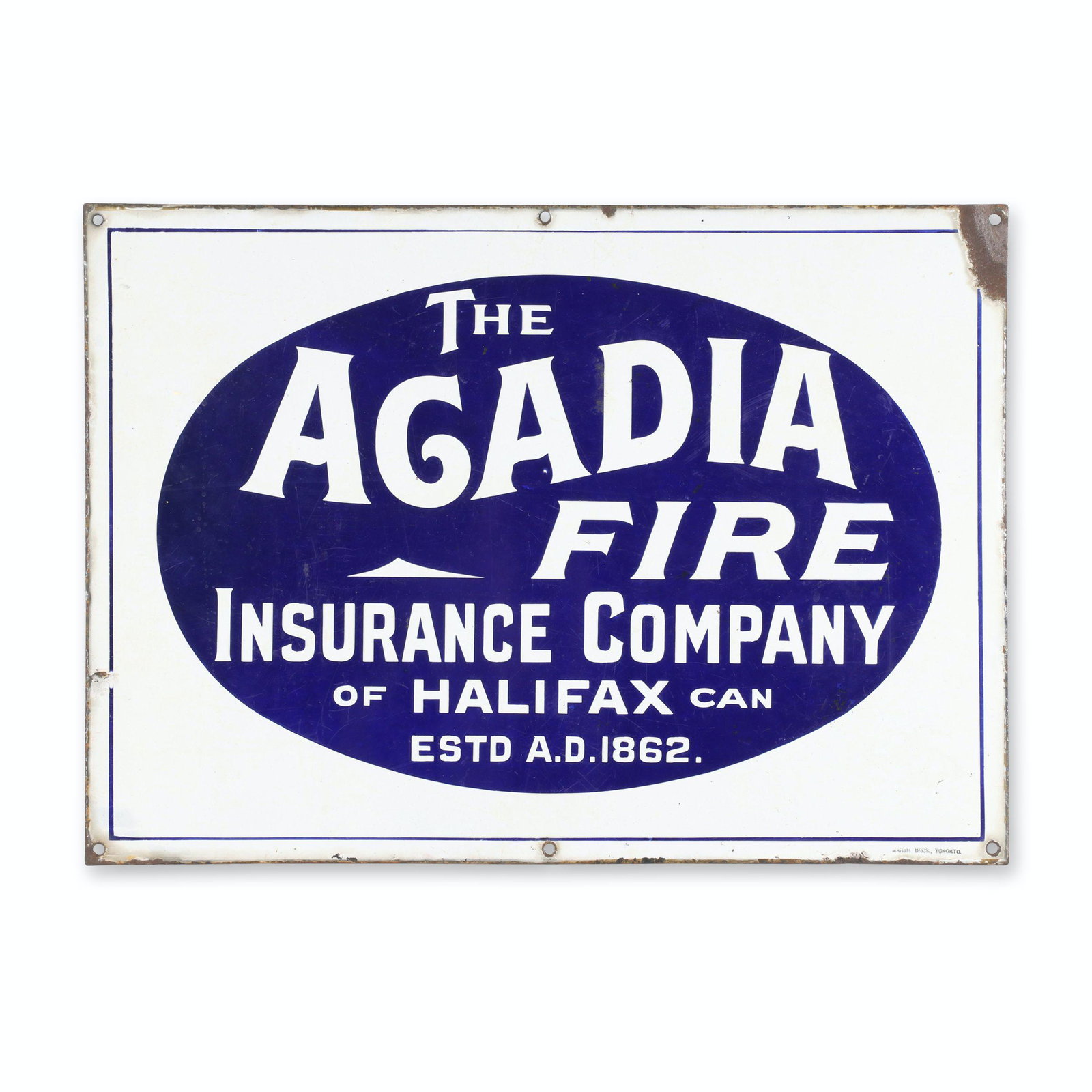 Acadia Fire Insurance, Halifax Porcelain Sign: Canadian. 1920s. Single-sided. Marked, "Marsh Bros, Toronto" lower right edge. 21" x 15". Porcelain loss at upper right corner and lower left side edge. $200/300