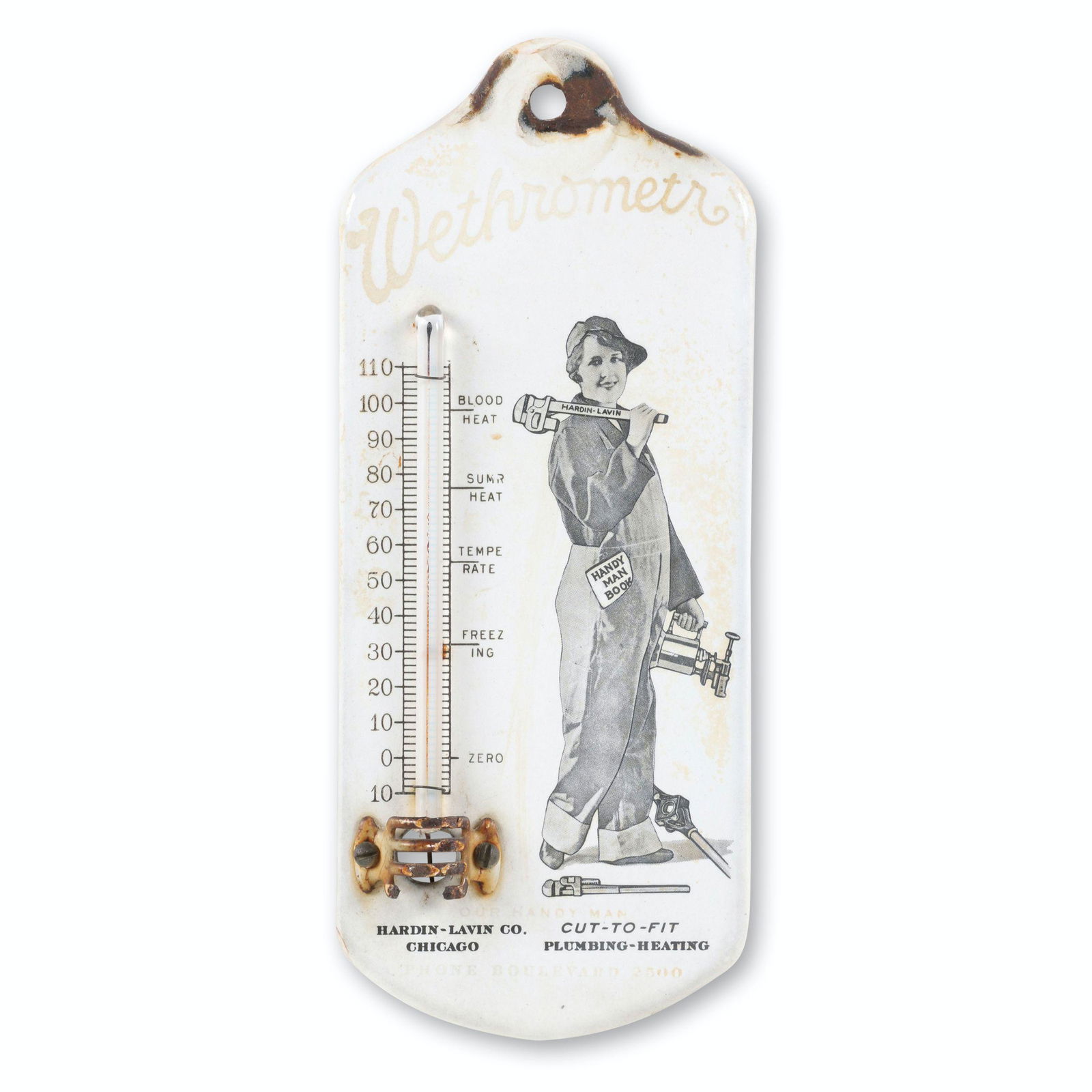Hardin-Lavin "Wethrometr" Porcelain Thermometer: American. 1930s. 6" x 2.5" x 0.5". Functioning. Thermometer cage/bulb broken. $200/300