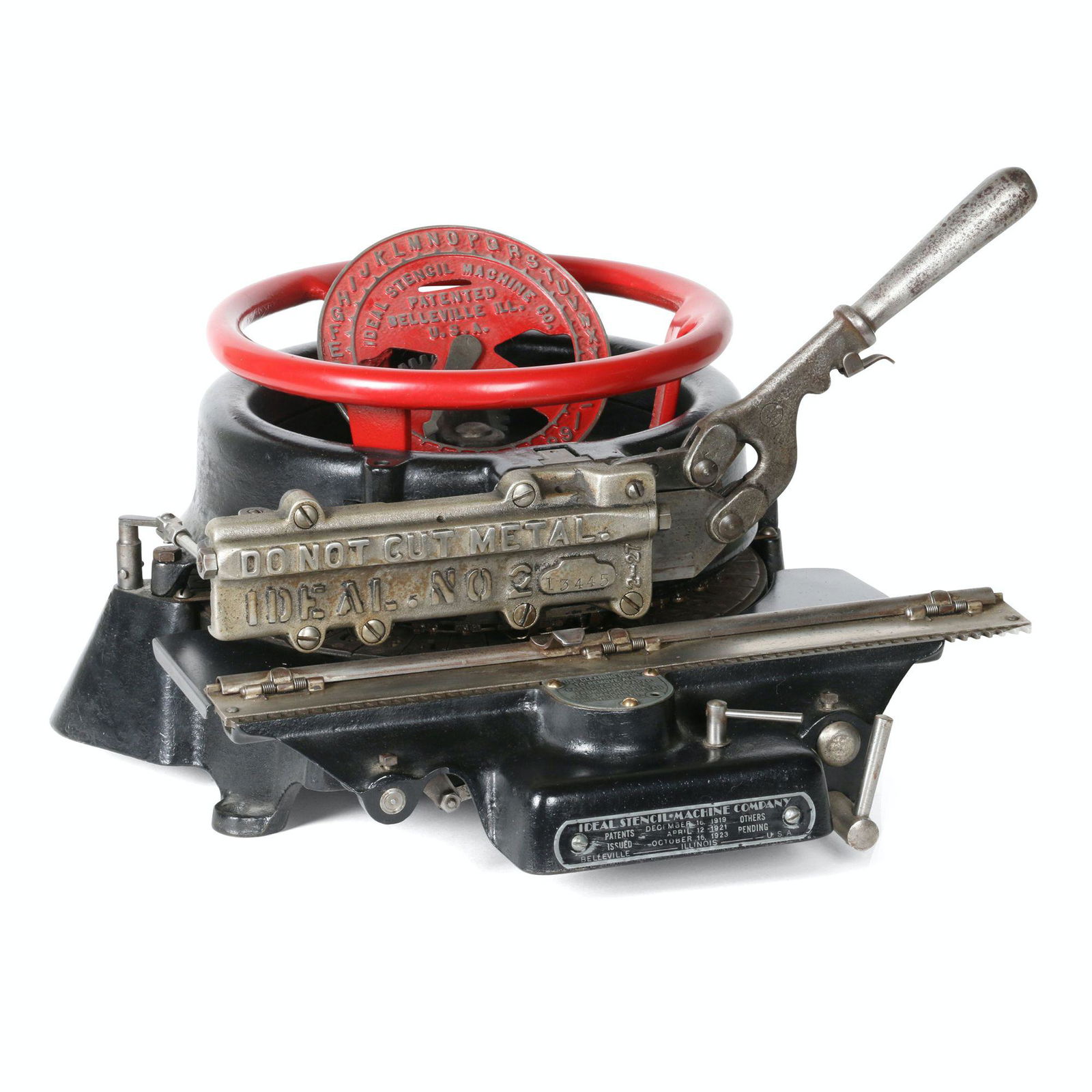 Ideal Stencil Machine Co. Stencil Maker: American. 1920s. 18” x 17” x 12.5”H Ideal Stencil Machine Company stencil maker with Patents dated December 16, 1919, April 12, 1921 and October 16, 1923, it was made in Belleville,