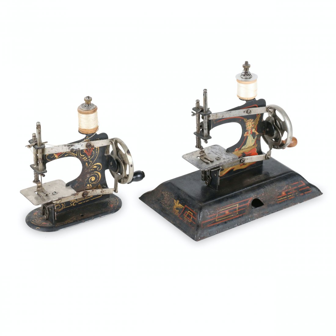 Casige Sewing Machines: German. 1920s-50s. TWO (2) machines with dimensions 5” x 2” x5”H and 6.25” x 4” x 6”H, manufactured by Carl Sieper, Gevelsberg Westfalen Germany (1902-1976). These toy sewing machines are 