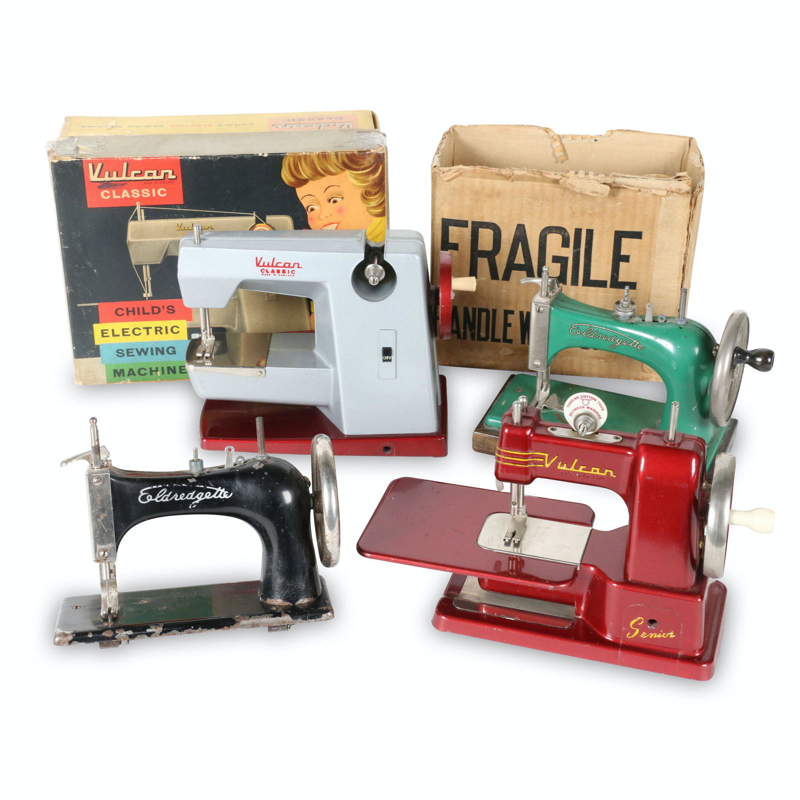 Vulcan Sr., Classic & Eldregette Sewing Machines: American. 1950s. FOUR (4) toy sewing machines 9”-11” x 4.5”-8” x 4.5”-7.25”H and 7.5”-11” x 3.25”-4” x 6.5”-7.25”H consisting of