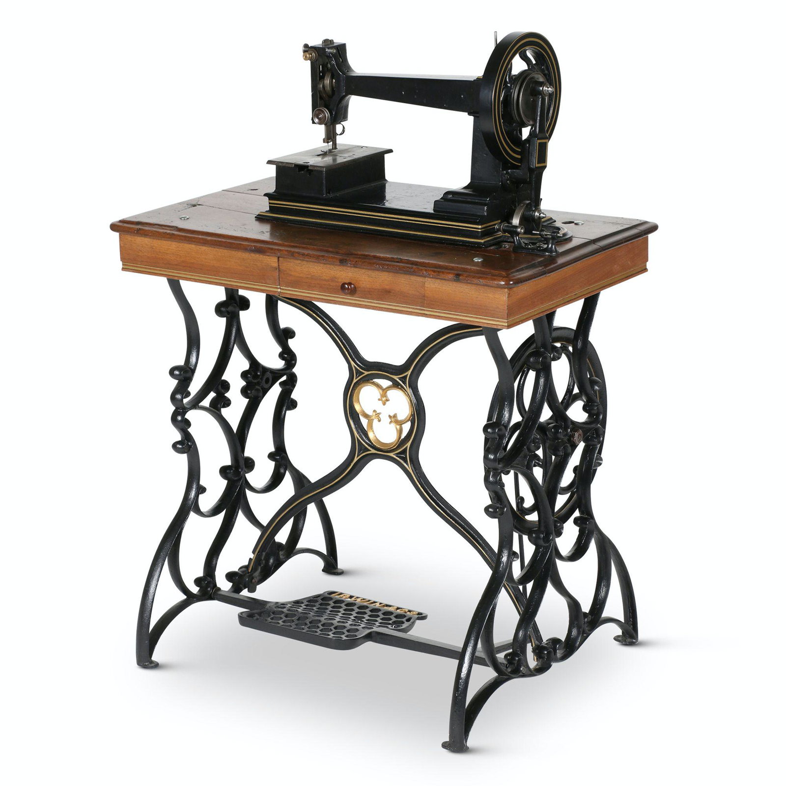 Irwin "Improved" Sewing Machine: Canadian. 1860s. 41” X 30.5” X 18” This Canadian machine was manufactured by Charles Irwin and Company in Belleville, ON 1863-1870. It is a lockstitch machine with a boat shuttle and