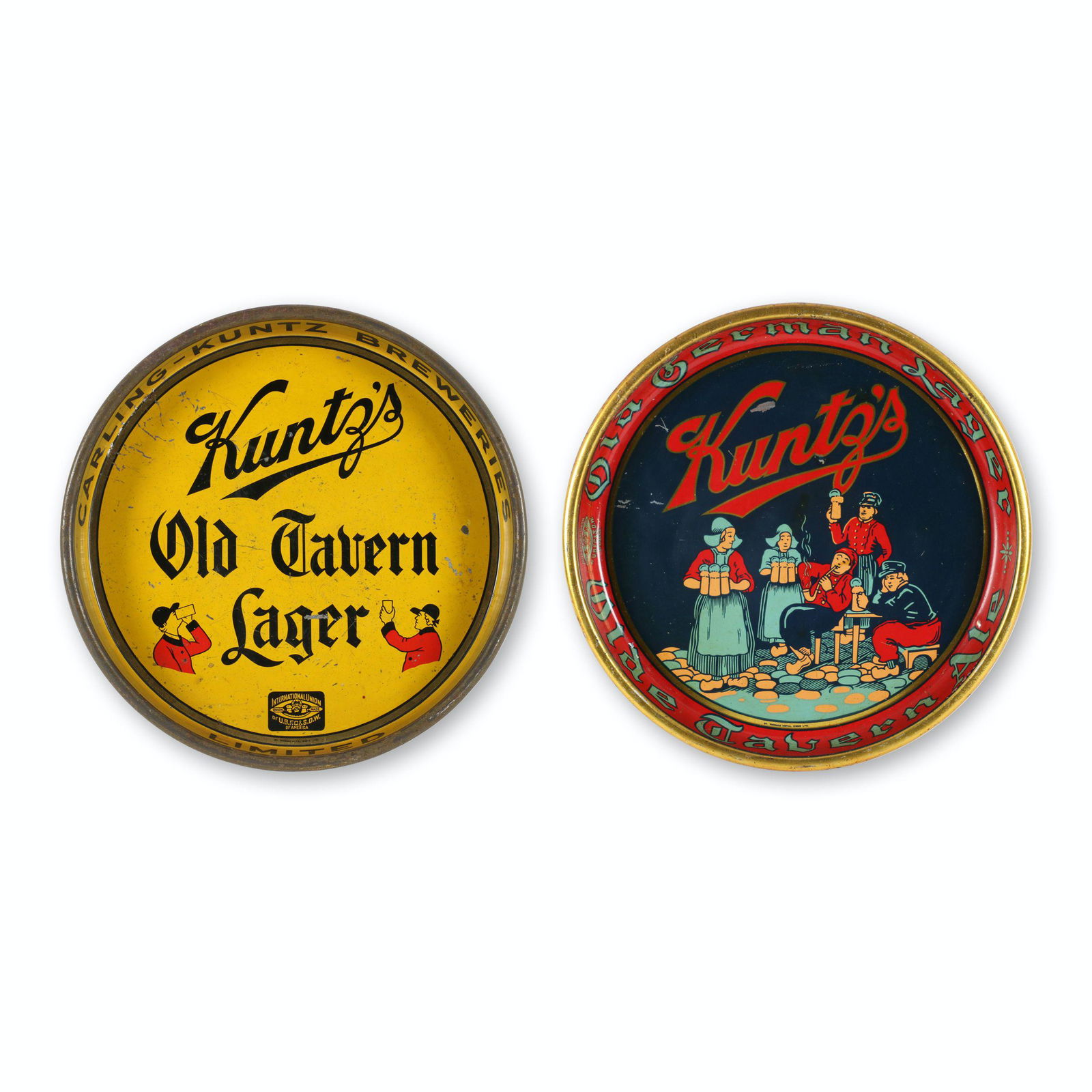 Kuntz Tin Litho Beer Trays: Two (2). Canadian. 1930s. Each marked, "St. Thomas Metal Signs Ltd" lower inner edges. 13" each. Each exhibits minor surface scratches. "Old Tavern Lager" tray exhibits scattered surface loss and shal