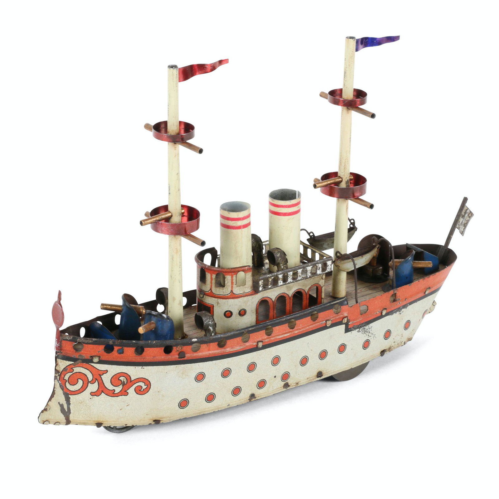 Early German Tin Litho Battleship Toy: German. 1920s. 12.5" x 2.5" x 8 (h). Professionally restored flag masts and smoke stacks. $200/300