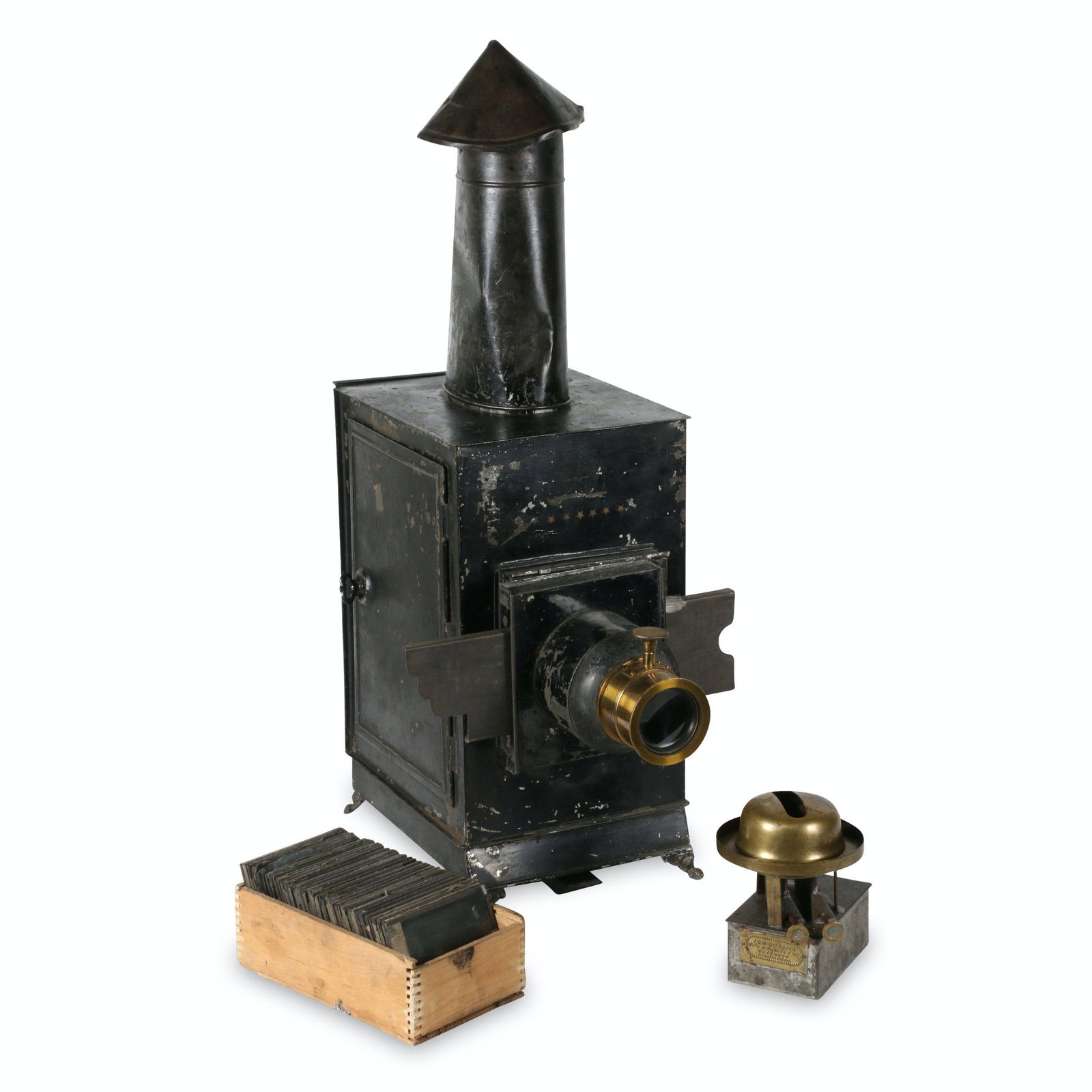 McAllister Magic Lantern Projector: American. 1900s. Includes additonal lantern burner and fount. Marked, "McAllister New York" top lens. Additional lantern fount marked, "T.H McAllister M'F'G Optician N.Y Patented April 6, 1886" 27" x
